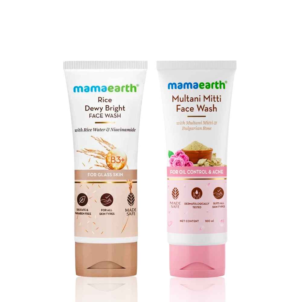 Buy Mamaearth Multani Mitti Face Wash with Multani Mitti & Bulgarian Rose For Oil Control & Acne + Rice Face Wash With Rice Water & Niacinamide for Glass Skin Skincare kit, Combo of 2 - Purplle