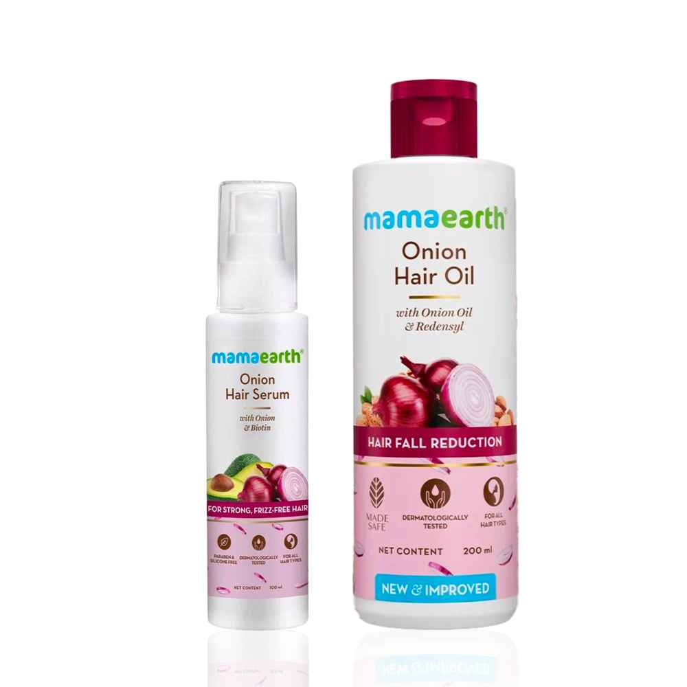 Buy Mamaearth Onion Hair Oil with Onion & Redensyl for Hair Fall Control + Onion Hair Serum with Onion and Biotin for Strong, Frizz-Free Hair Haircare kit, Combo of 2 - Purplle