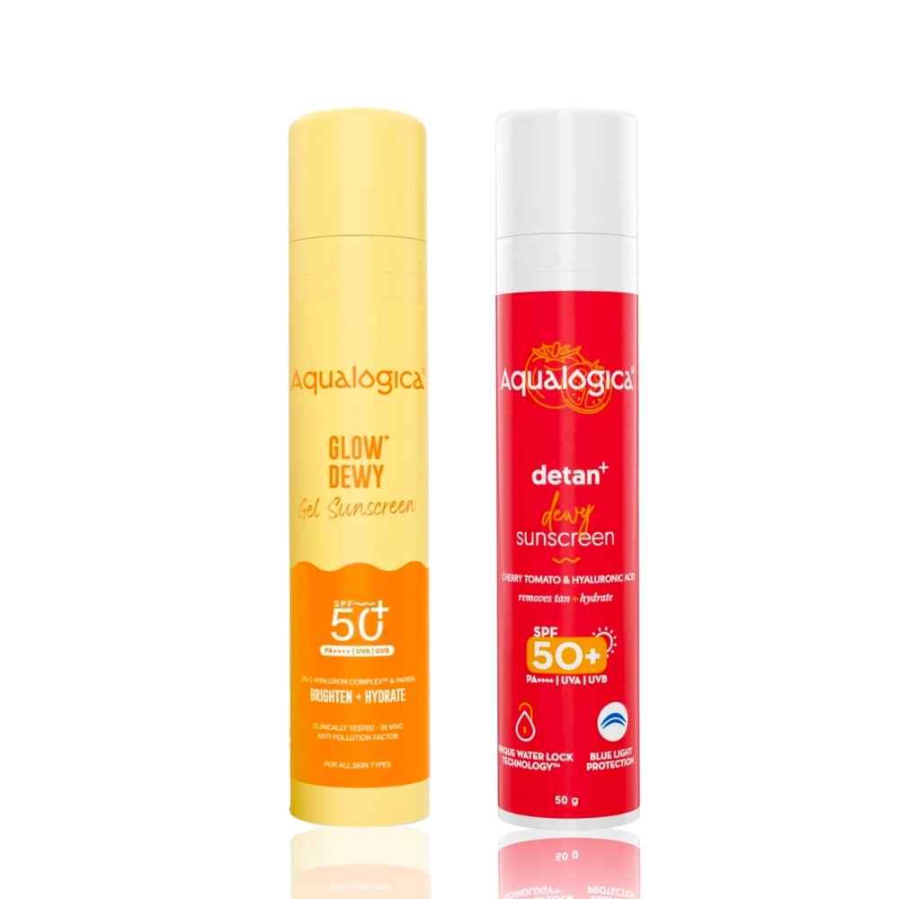 Buy Aqualogica Detan+ Dewy Sunscreen SPF50+ (50 gm) + Glow+ Dewy Sunscreen SPF50+ (50 gm) Combo of 2 - Purplle