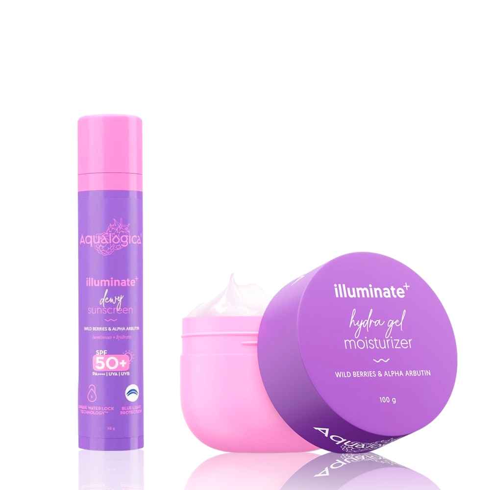 Buy Aqualogica Illuminate+ Dewy Sunscreen SPF50+ (50 gm) + Illuminate+ Hydra Gel Moisturizer (200 gm) Skincare kit Combo of 2 - Purplle