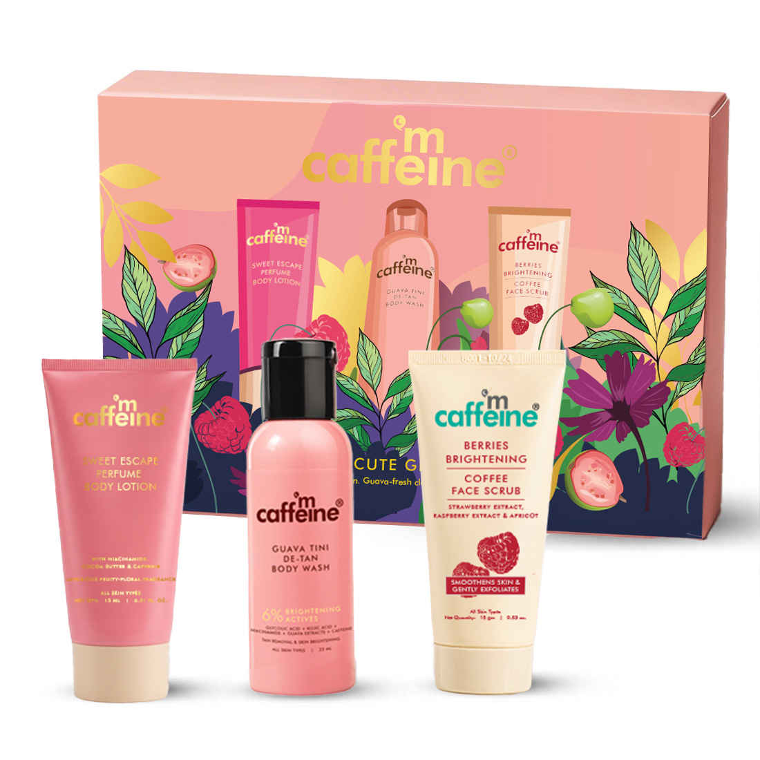 Buy mCaffeine Berry Cute Glow Kit | With Guava Tini De-Tan Body Wash, Sweet Escape Perfume Body Lotion & Berries Brightening Face Scrub 100 gm - Purplle