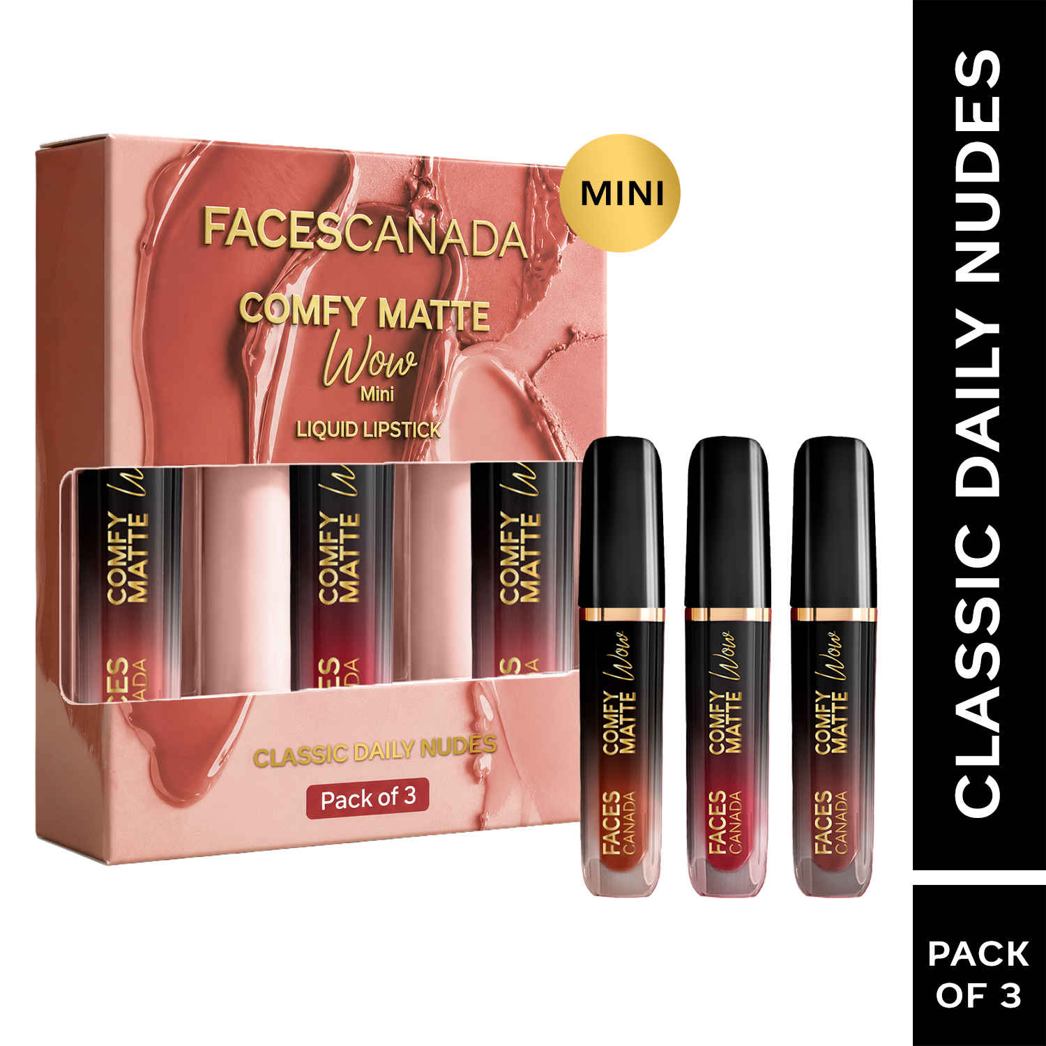 Buy FACES CANADA Comfy Matte Wow Mini Liquid Lipstick - Classic Daily Nudes, (2 ml x 3) | Choco Couture + Cocoa Crush + Nude Nectar | One Swipe Application | Highly Pigmented | Comfortable Wear | Long Lasting | Pack of 3 - Purplle