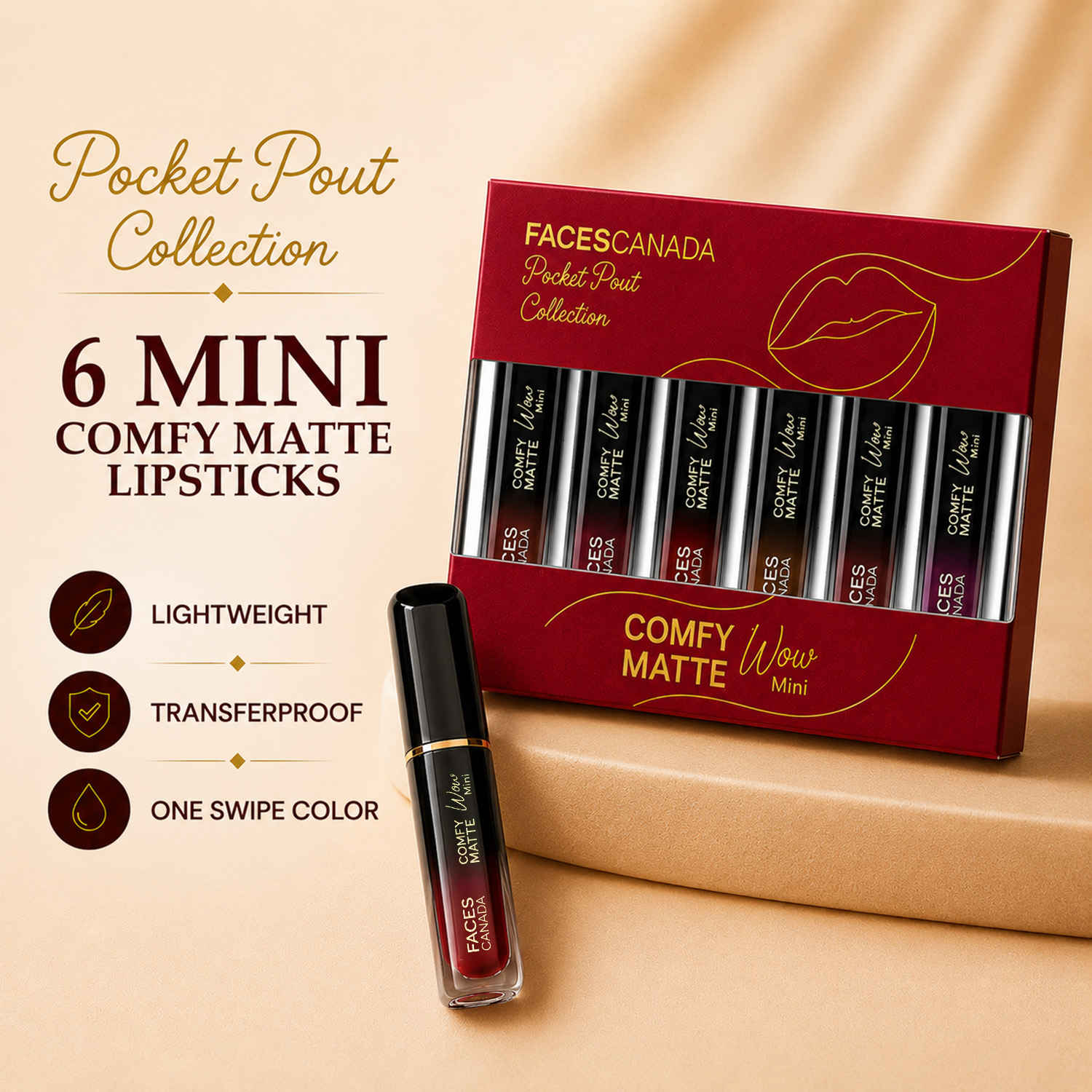 Buy Faces Canada Comfy Matte Wow Mini Liquid Lipstick Kit |Pack of 6 | Pocket Pout Collection | Lightweight Soft Matte Finish | One Swipe Color Payoff | Transferproof Formula - Purplle