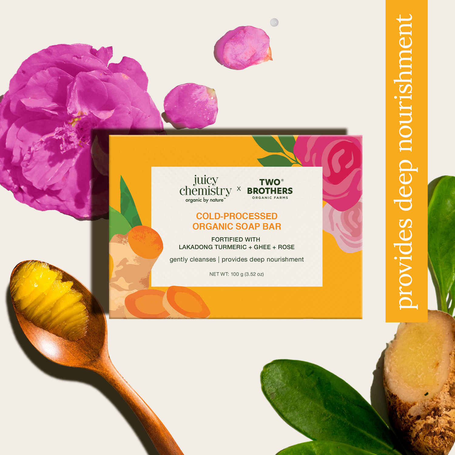 Buy Juicy Chemistry x Two Brothers Organic Farms Lakadong Turmeric, Ghee & Rose Organic Soap Bar, 100 gm | Cold-Processed Bath Soap for Face & Body | Deeply Nourishing & Hydrating | Gentle Cleanser | Healthy Looking Skin - Purplle