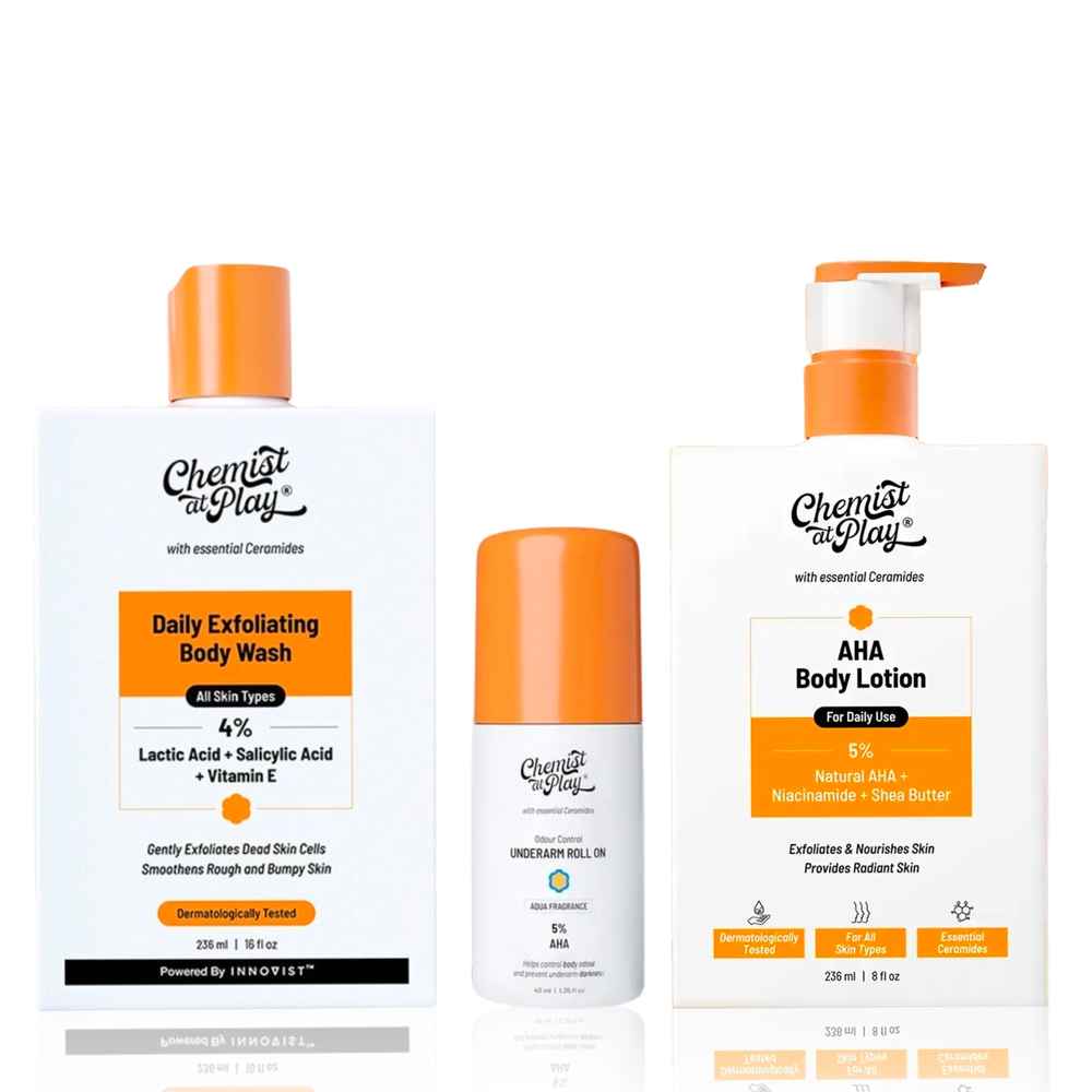 Buy Chemist at Play AHA Body Lotion + UnderArm Roll On + Exfoliating Body Wash Combo - Combo of 3 - Purplle