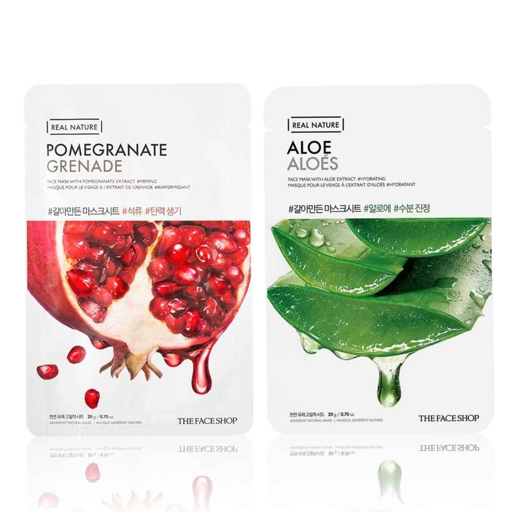 Buy The Face Shop Real Nature Pomegranate Face Mask (Sheet Mask 20 gm) | The Face Shop Real Nature Aloe Face Mask (Sheet Mask 20 gm) Pack of 2 - Purplle