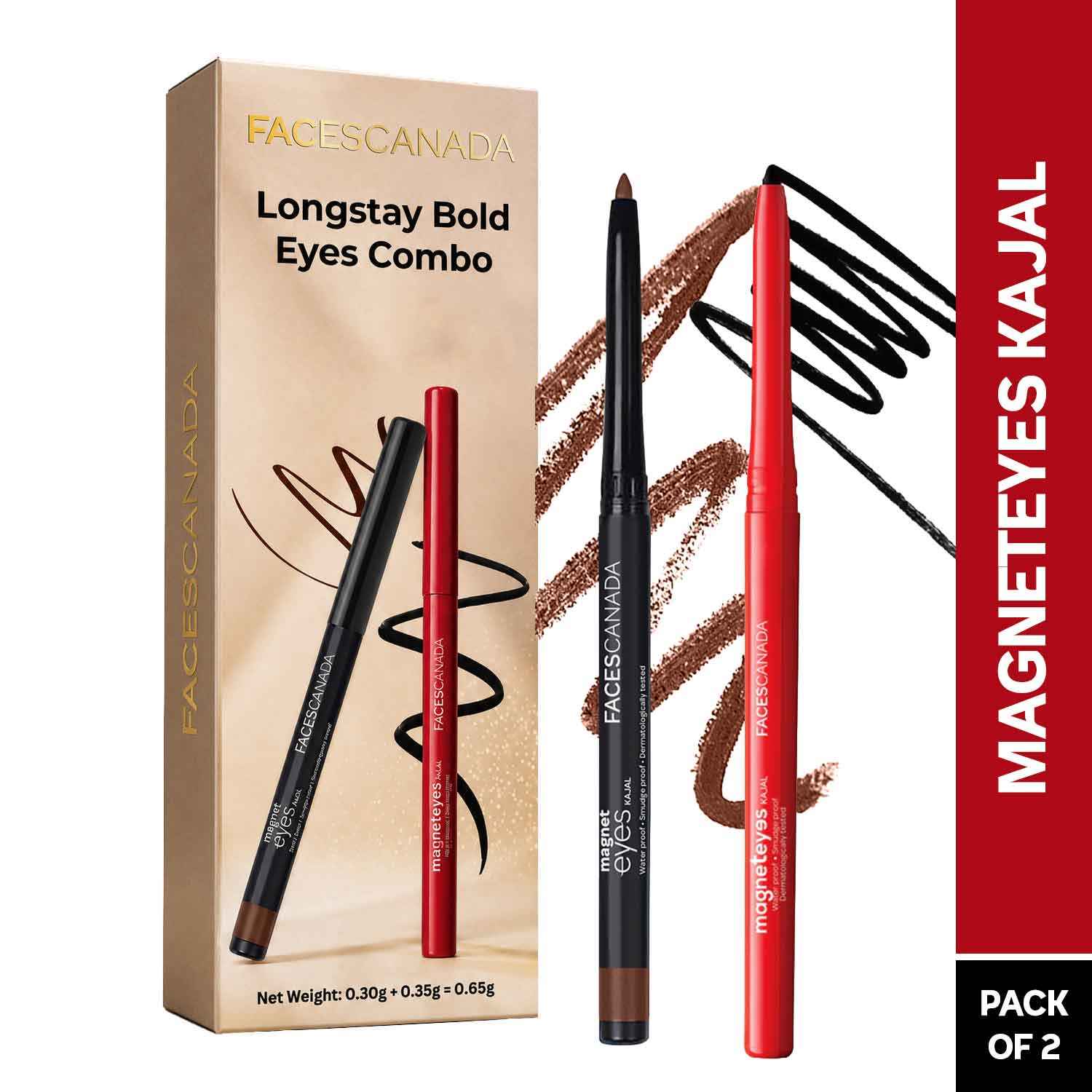 Buy FACES CANADA Longstay Bold Eyes Combo of 2 Magneteyes Black Kajal, 0.35 gm + Magneteyes Brown Kajal, 0.30 gm Highly Pigmented Kohl | Long Stay | Matte Finish Single Stroke Glide | Waterproof, Smudgeproof & Fadeproof | With Almond Oil & Vitamin E - Purplle