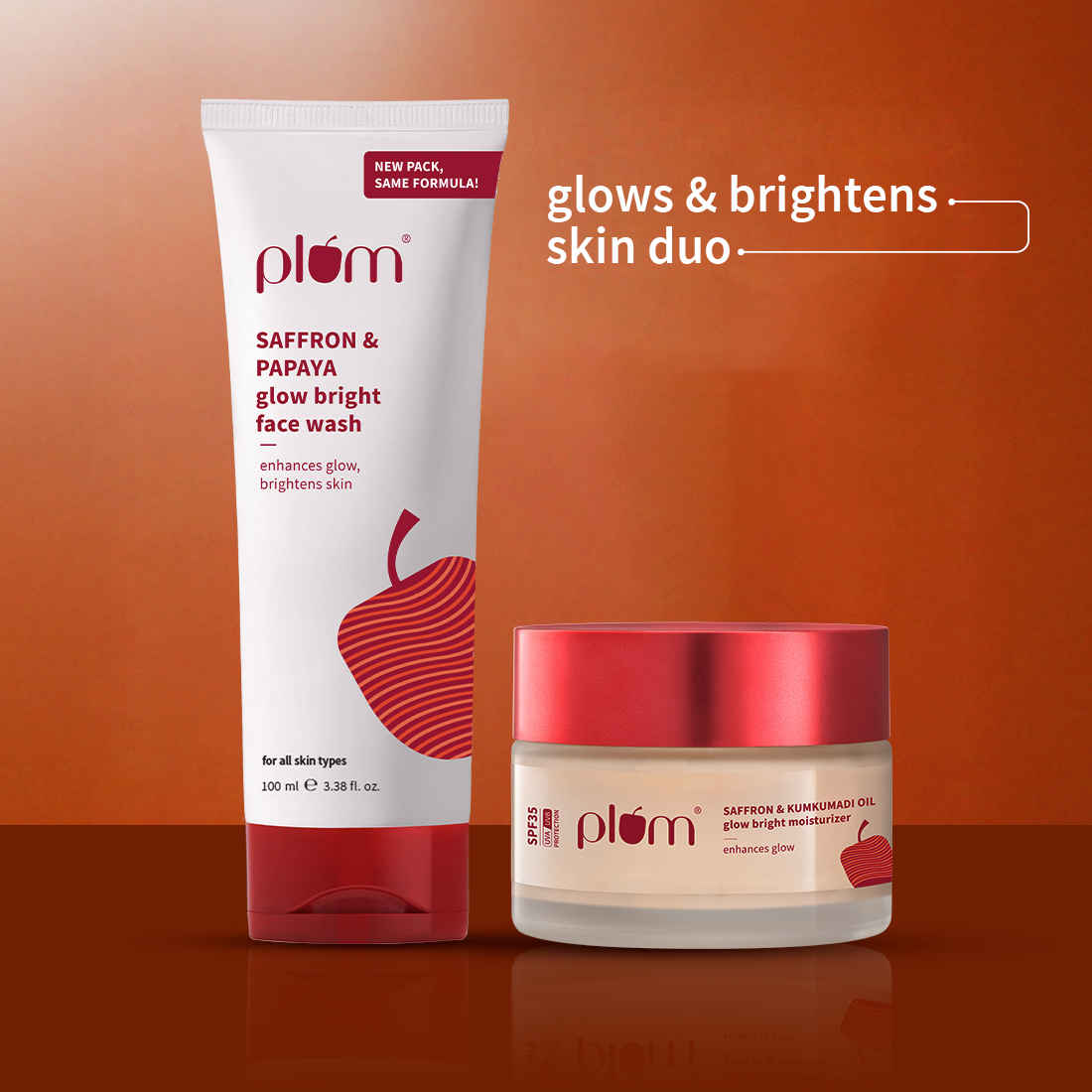 Buy Plum Saffron Glow Duo | Cleanser + SPF Moisturizer | With Kumkumadi Oil | Brightens Skin | Adds Glow | Hydrates & Protects Skin | Combo of 2 - Purplle