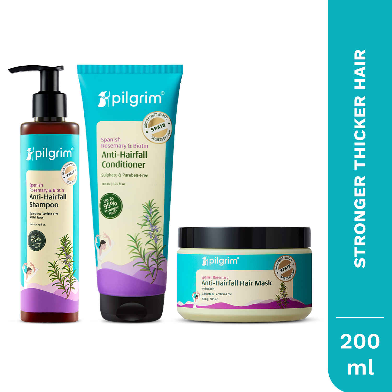 Buy Pilgrim Spanish Rosemary & Biotin Anti-Hairfall Combo upto 95% Strong & Healthy Hair Prabeen free, (Shampoo, Conditioner, Mask) Combo of 3 - Purplle