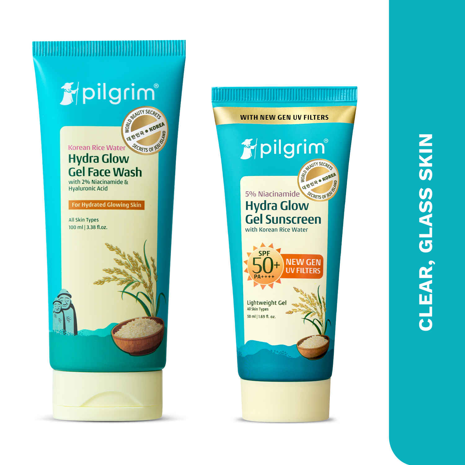Buy Pilgrim Hydra Glow Gel Facewash & SPF 50+ PA++++ Gel Sunscreen Duo For Clear & Glass Skin, Combo of 2 - Purplle