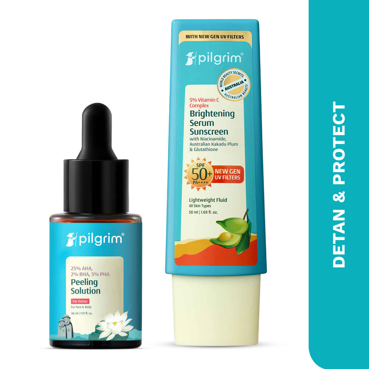 Buy Pilgrim 25%AHA, 2%BHA, 5%PHA Peeling Solution mask & Vitamin C SPF 50+ PA++++ Sunscreen Detan & Protect Duo, Combo of 2 - Purplle