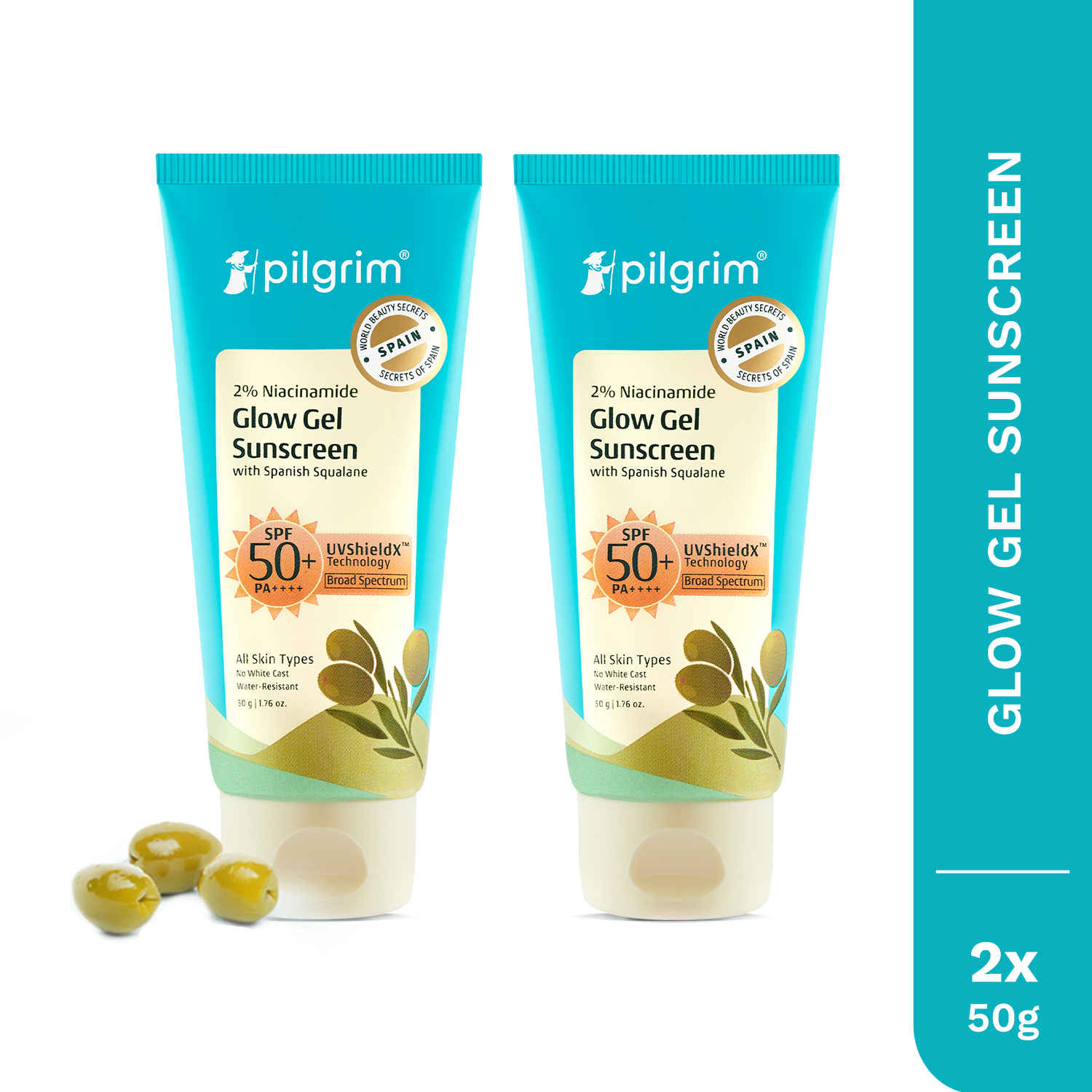 Buy Pilgrim 2% Niacinamide Glow Gel Sunscreen SPF 50 +++ Uv ShieldX Technology for Women and Men Enhances Glow, Broad spectrum, Non-greasy, No white cast, Water Resistant & Prevents Tanning All skin types Pack of 2 - Purplle