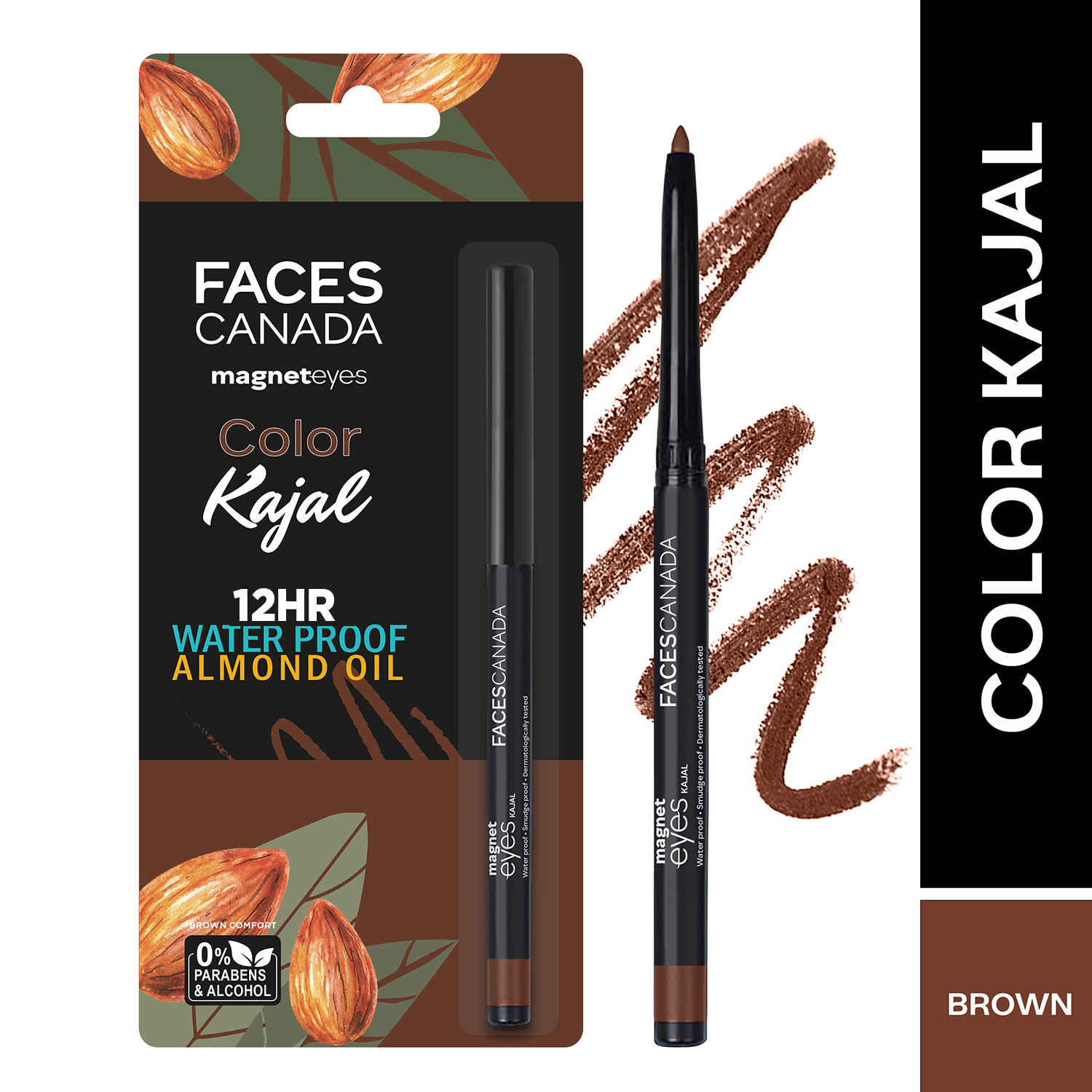 Buy Faces Canada Magneteyes Kajal Waterproof, 24hrs Long Stay, Smudgeproof, Fadeproof, Almond Oil enriched, One Stroke Smooth Glide Brown Comfort 03 (0.30 gm) - Purplle