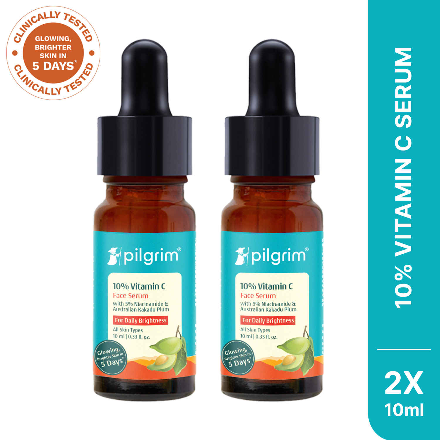 Buy Pilgrim 10% Vitamin C Serum with Niacinamide & Kakadu Plum -Pack of 2 (10 ml Each)|Brightening Face Serum|Evens Skin Tone|Reduces Dark Spots|Glow Booster for All Skin Types - Purplle