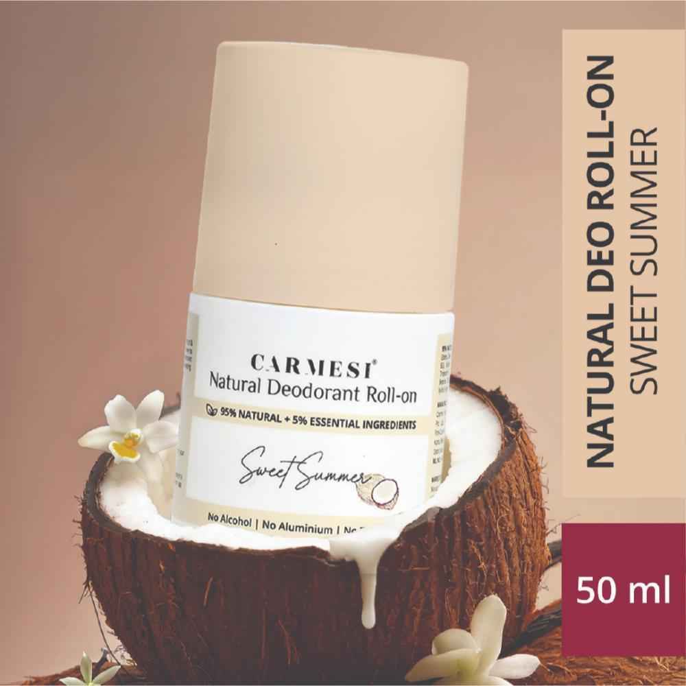 Buy Carmesi Natural Underarm Roll On Deodorant for Women | 95% Natural | Prevents Body Odour | No Alcohol & Aluminium | Sweet Summer - Creamy Coconut & Vanilla Fragrance | 50 ml - Purplle