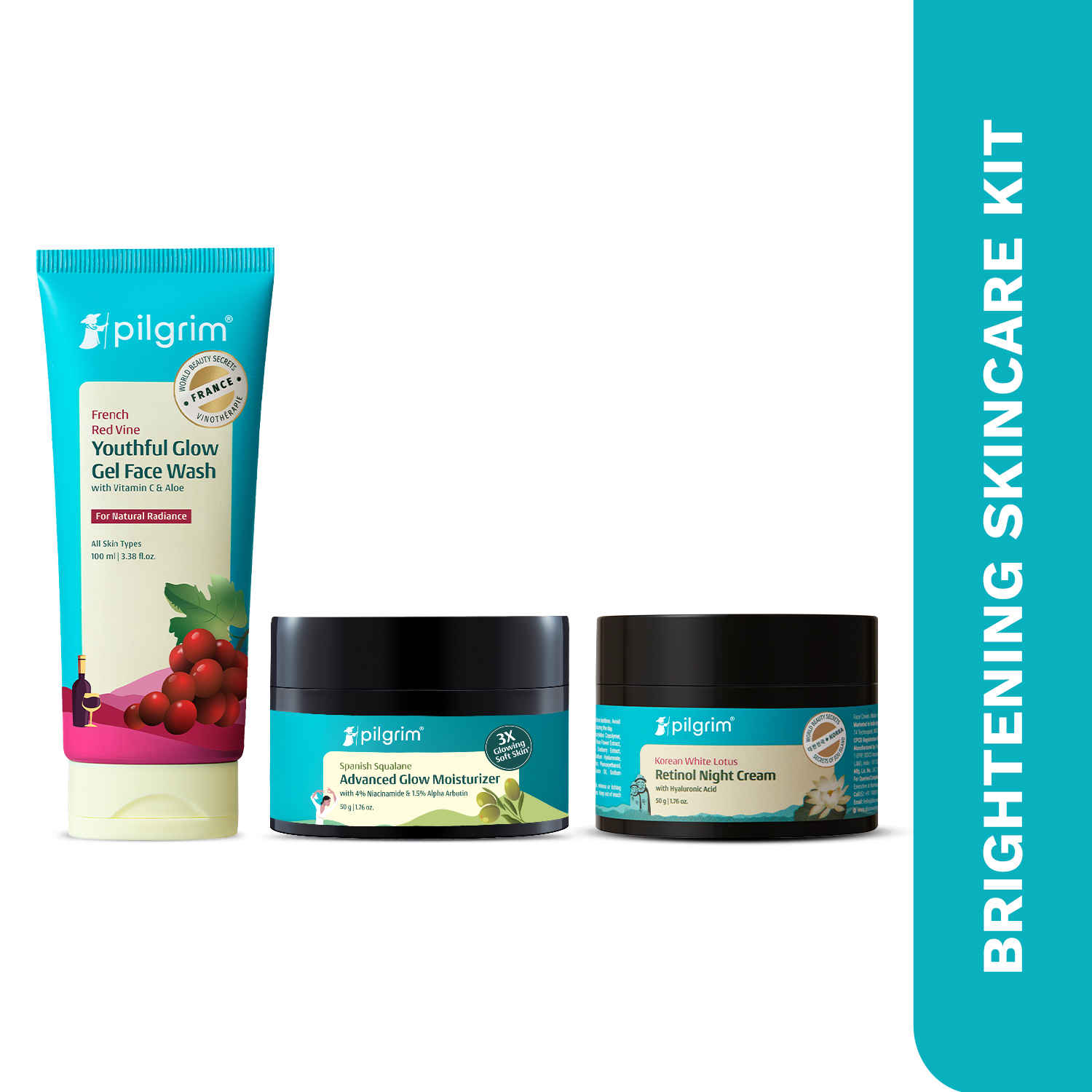 Buy Pilgrim Brightening Skincare Kit, Combo of 3-Red Vine Face Wash (100 ml), Squalane Glow Moisturizer (50 gm) & Retinol Night Cream (50 gm) | AM-PM Routine | Glowing, Hydrated Skin | For Men & Women - Purplle