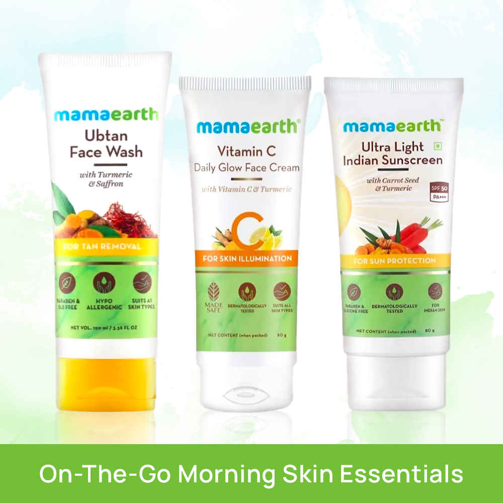 Buy Mamaearth on-the-go Morning Skin Essentials (Ubtan Facewash (100 ml)+ Vitamin C Face Cream (80 gm) + Ultra Light Sunscreen(80 ml)) - Purplle