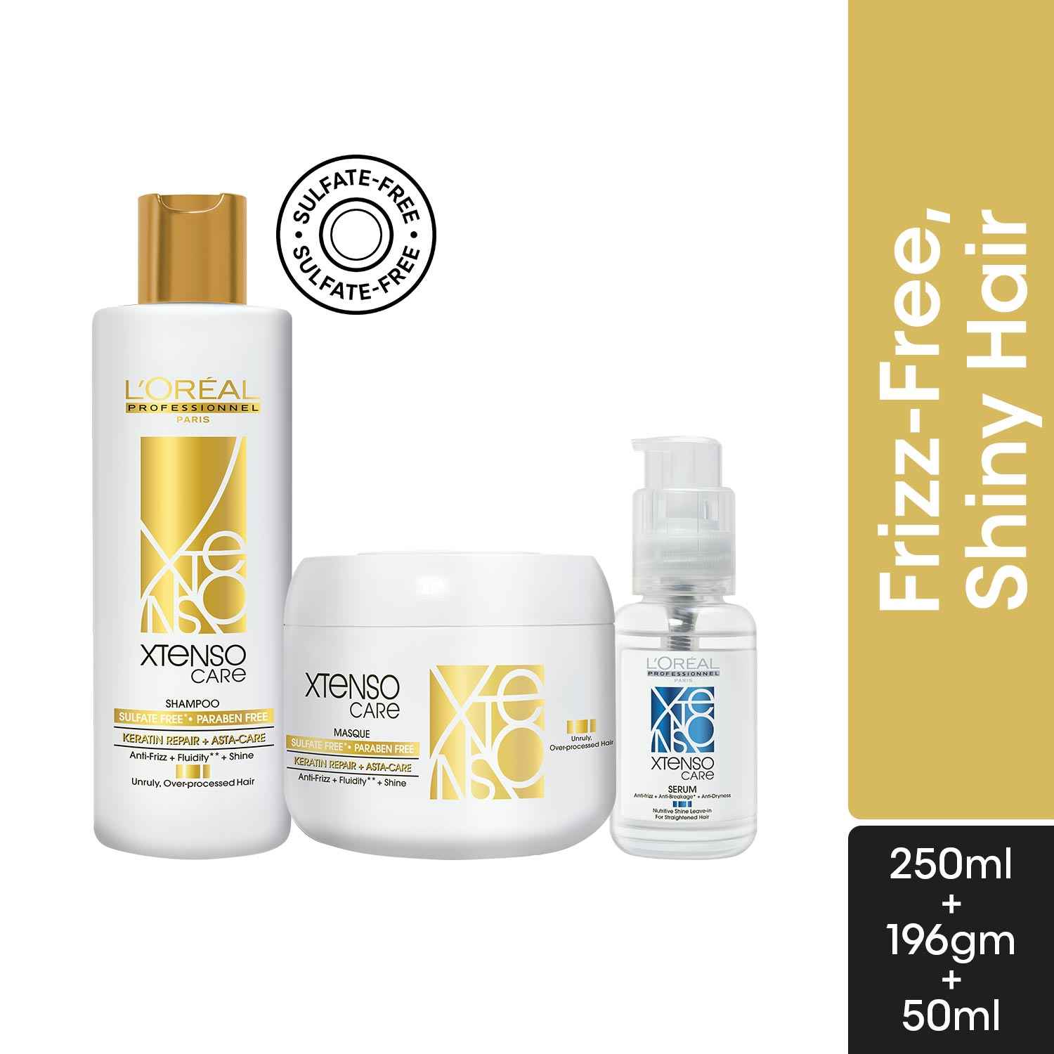 Buy L'Oreal Professionnel Combo of Xtenso Care Sulphate Free Shampoo + Xtenso Care Sulphate Free Mask + Xtenso Sulphate Free Care Serum | With Pro-Keratin and Incell (250 ml + 250 gm + 50 ml)Combo of 3 - Purplle