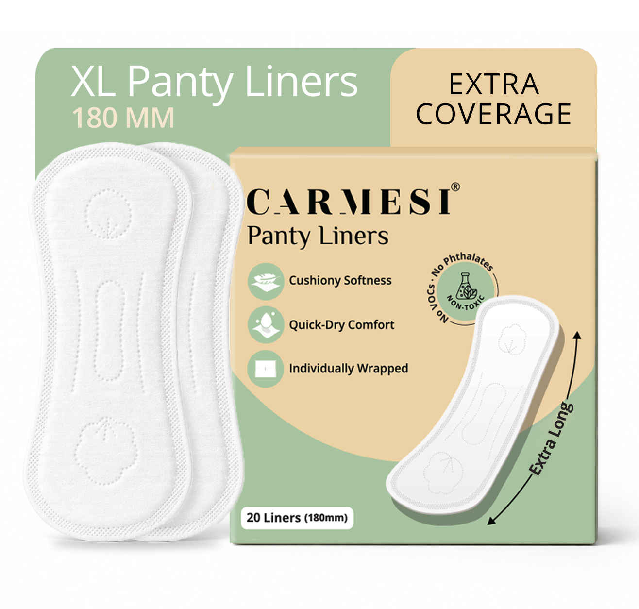 Buy Carmesi XL Panty Liners - Pack of 20 | 180 mm | Extra Coverage | Cushiony Soft Feel | Protection Against Light Spotting, Vaginal Discharge & Incontinence | Keeps You Fresh & Dry All Day | No Phthalates, No VOCs, Unscented - Purplle