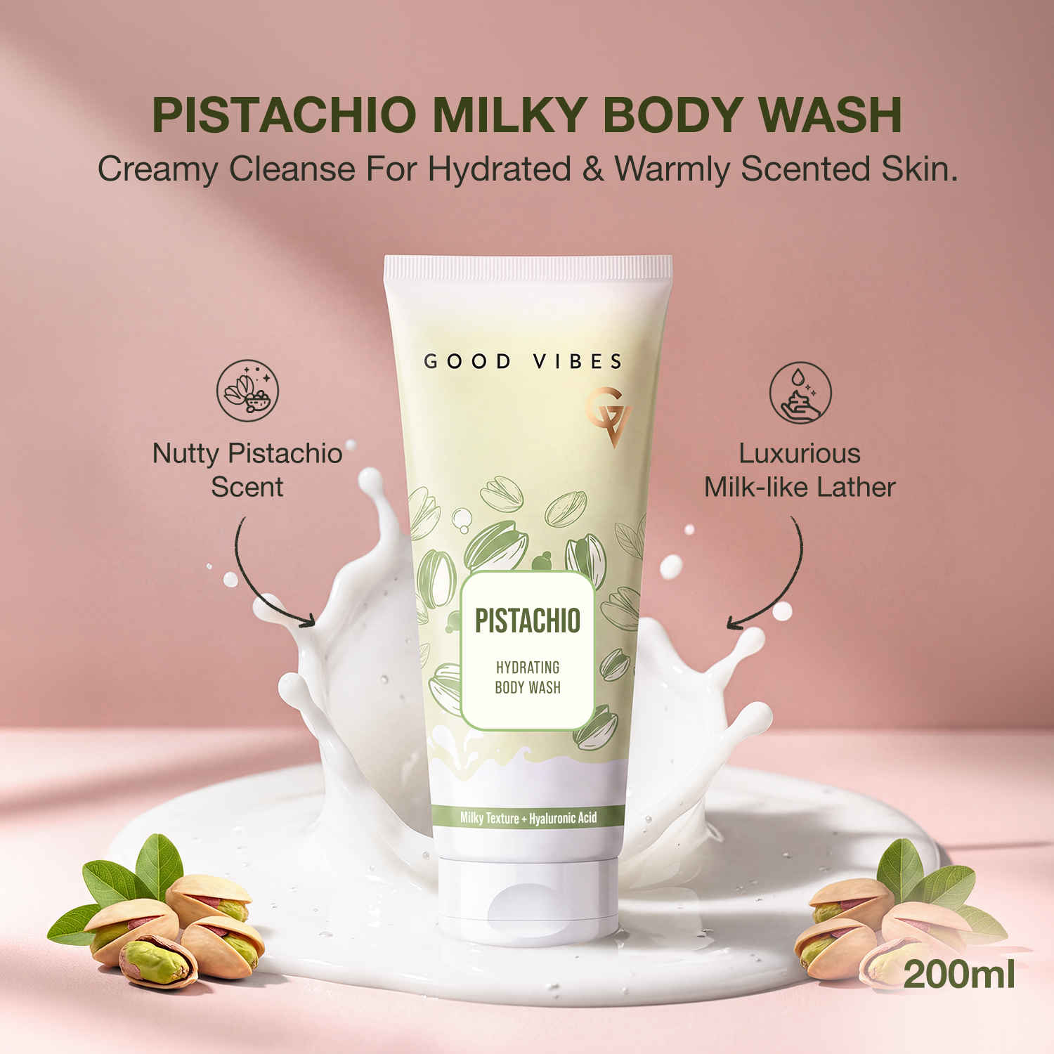 Buy Good Vibes Pistachio Hydrating Body Wash | With Hyaluronic Acid & Glycerine | Luxurious Milk-Like Texture | Locks In Moisture | No Post-Wash Tightness | Leaves Skin Soft, Smooth & Deeply Hydrated | 200 ml - Purplle