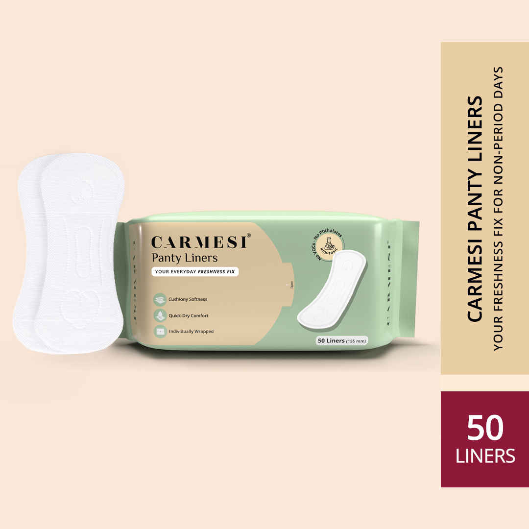 Buy Carmesi Panty Liners - 50 Pieces | Cushiony Soft | Protect against Spotting & Light Discharge | End-To-End Sticking | Keep You Fresh & Dry All-Day Long | Non-Toxic & Unscented Pack of 50 (L) - Purplle