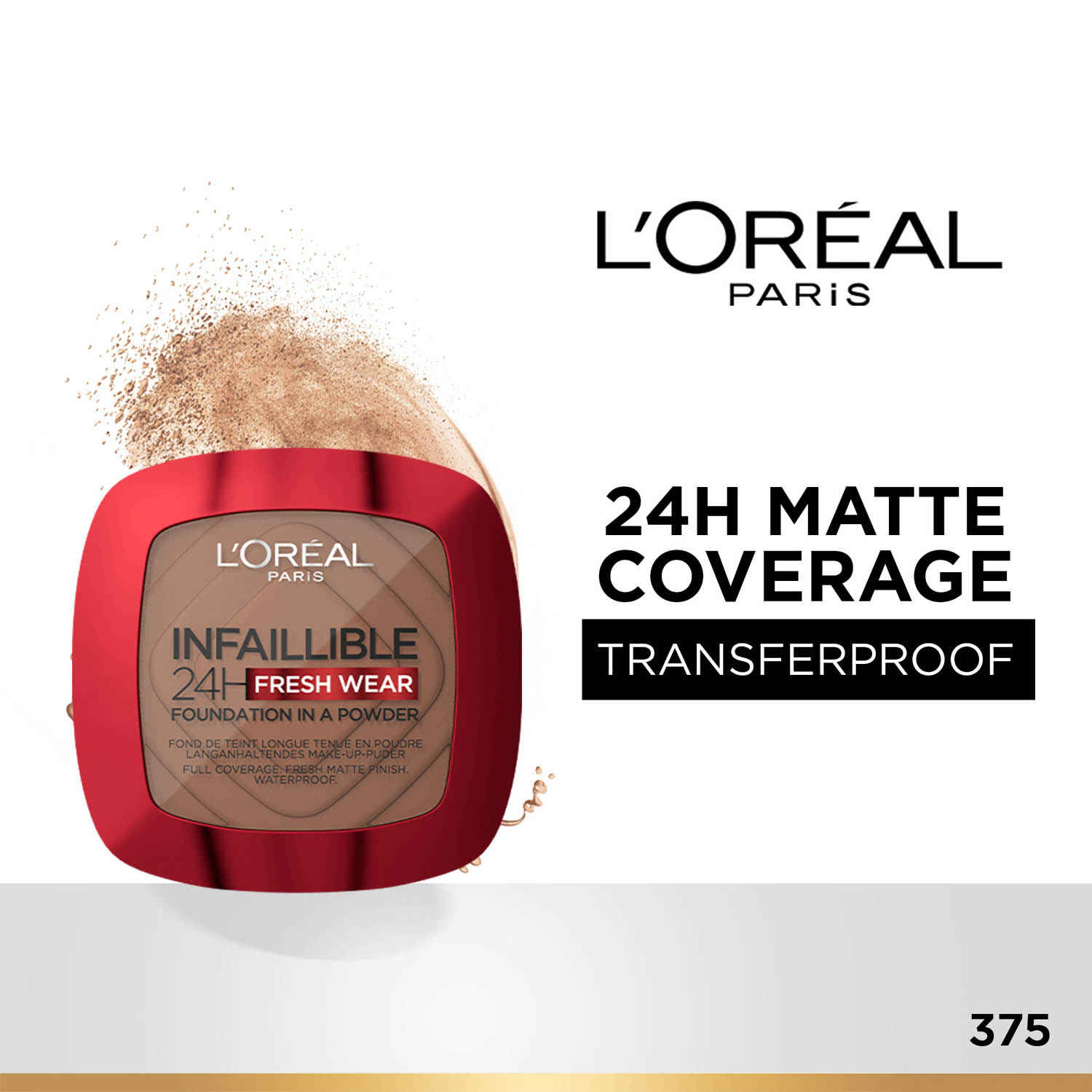 Buy L'Oreal Paris Infallible 24H Fresh Wear Foundation in a Powder | Waterproof, Sweatproof & Transferproof Formulation | Deep Amber 375, 9 gm - Purplle