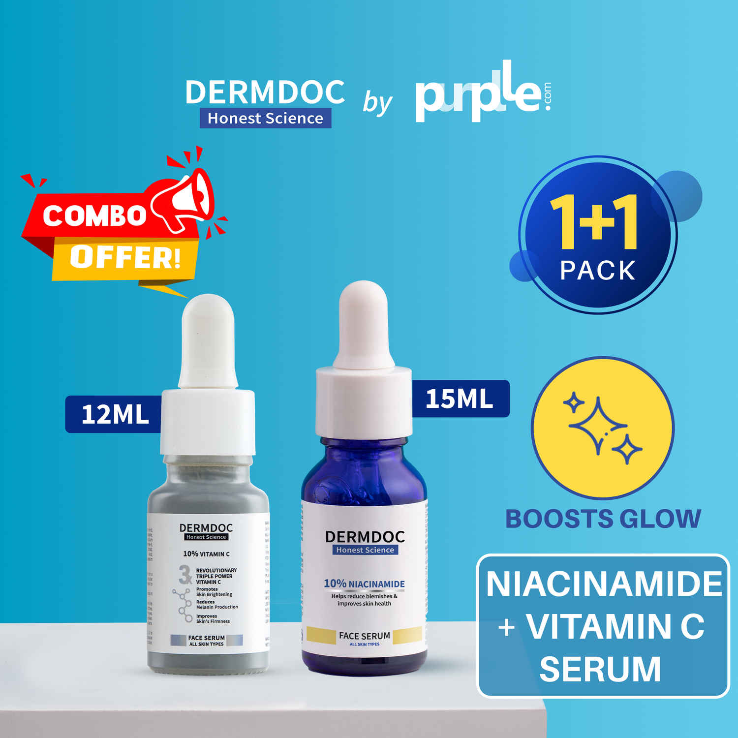 Buy DERMDOC by Purplle Glow Boosters | 10% Niacinamide Face Serum (15 ml) |10% Vitamin C Face Serum (12 ml) Combo of 2 - Purplle