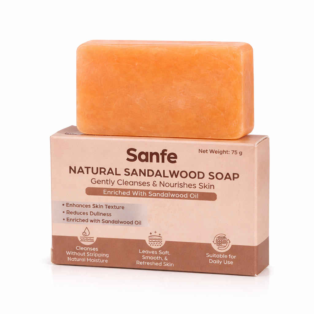 Buy Sanfe Natural Sandalwood Soap | 75 gm| Chandan Soap Bar for Bathing Use | Skin Cleansing Base | Suitable for Men & Women | Personal Care | Daily Bathing Bar | Sandalwood-Based | Detan Pack - Purplle