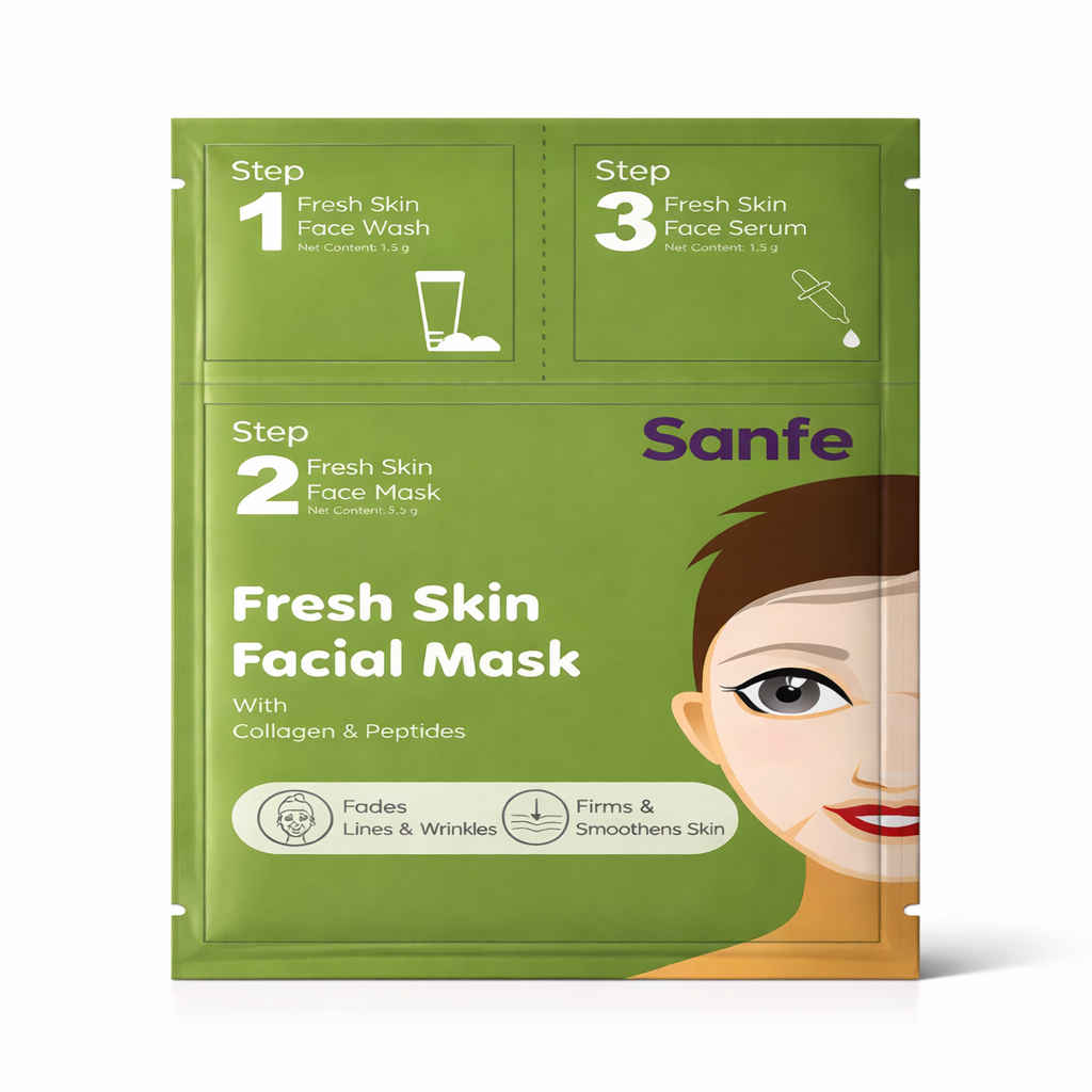 Buy Sanfe Fresh Skin Facial Mask | Single Use | Pack of 3 - Face Wash, Face Mask, Face Serum | Collagen & Potent Peptides | Firms & Smoothens Skin | Helps Reduce Lines & Wrinkles | Korean-Style Sheet Mask - Purplle