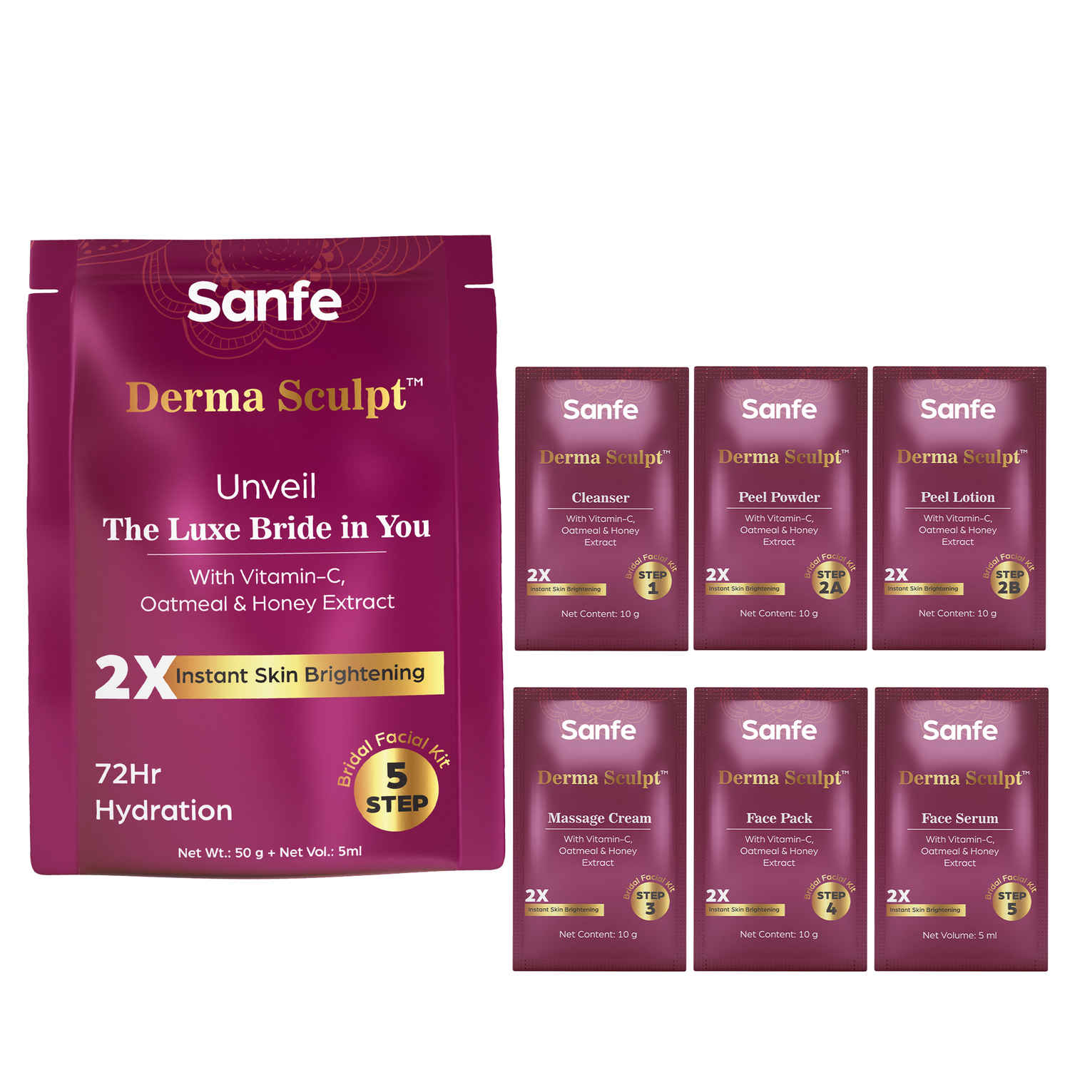 Buy Sanfe Derma Sculpt 5 Step Bridal Facial Kit | 50 gm | With Vitamin C, Oatmeal & Honey Extract | 2X Instant Skin Brightening | 72 Hr Hydration | Complete At-Home Bridal Facial Kit - Purplle