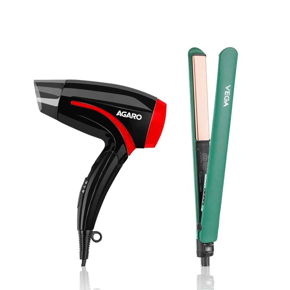 Buy AGARO HD1177 Hair Dryer with 1000 Watts Copper Motor & Vega Salon Smooth Hair Straightener with Ceramic Coated Plates (VHSH-42) Hair Styling - Combo of 2 - Purplle