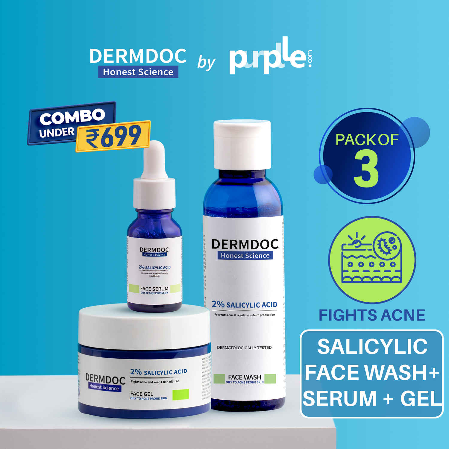 Buy DERMDOC Acne CTM Routine (Combo of 3) | 2% Salicylic Acid Face Wash (120ml) | 2% Salicylic Acid Face Serum (15ml) | Hydrolyzed Collagen Face Gel (50gm) - Purplle
