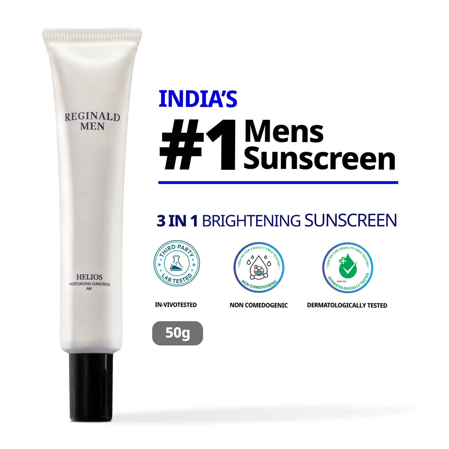 Buy Reginald Men SPF 50+ PA++++ Sunscreen (50 gm) | In-Vivo Tested | Broad Spectrum UVA/UVB Protection | Brightening & Hydrating | Lightweight, Oil-Free & Non-Sticky | Daily Sun Protection for Men (Pack of 1,50 gm) - Purplle