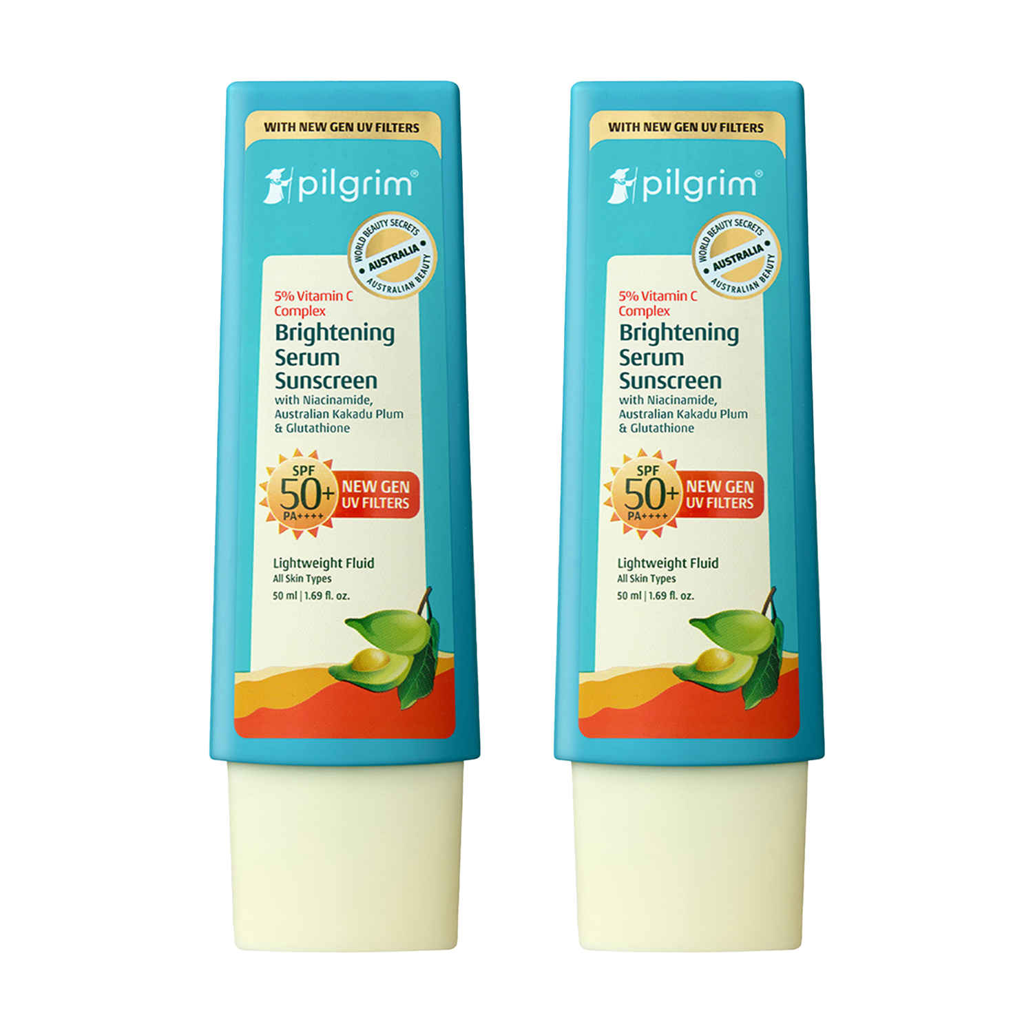 Buy Pilgrim 5% Vitamin C Complex Brightening Serum Sunscreen SPF50+PA++++ In-Vivo tested Pack of 2 - Purplle