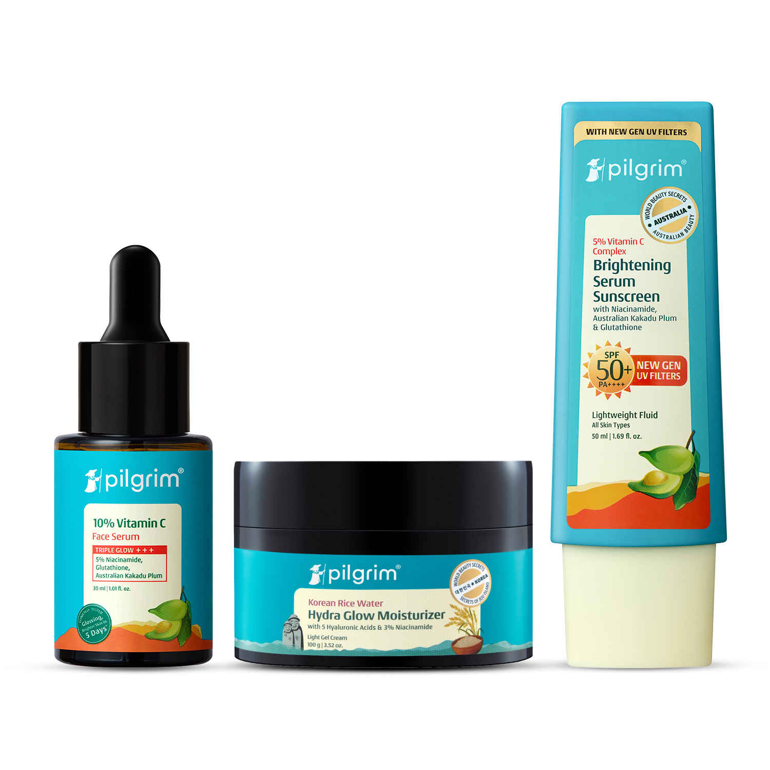 Buy Pilgrim Glow Routine Trio 10% Vitamin C Face Serum, SPF 50+ PA++++ Sunscreen & Hydra Glow Moisturizer (Combo of 3) - Purplle