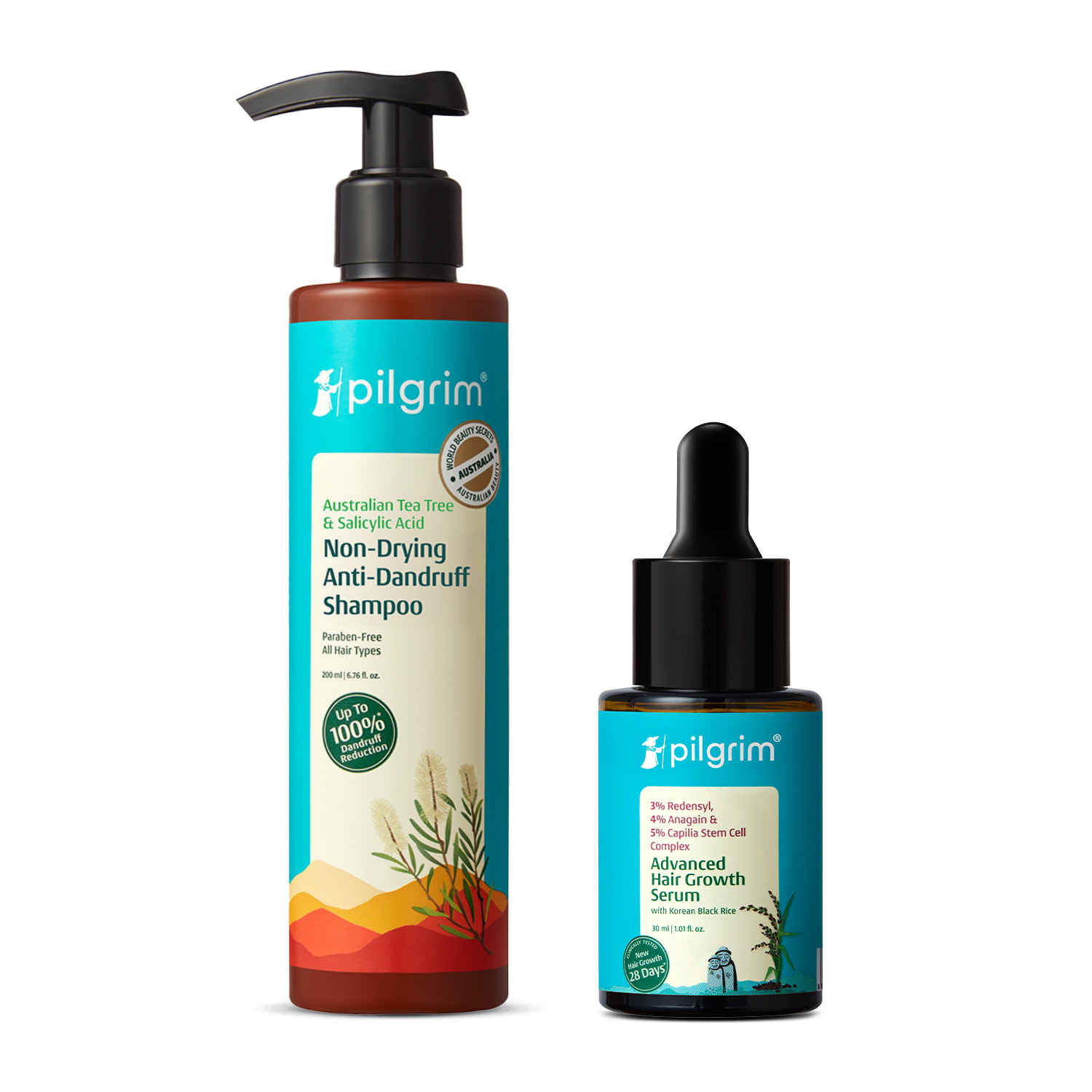 Buy Pilgrim Scalp Care Duo Tea tree Non-Drying Anti-Dandruff Shampoo and Advance Hair Growth Serum (Combo of 2) - Purplle