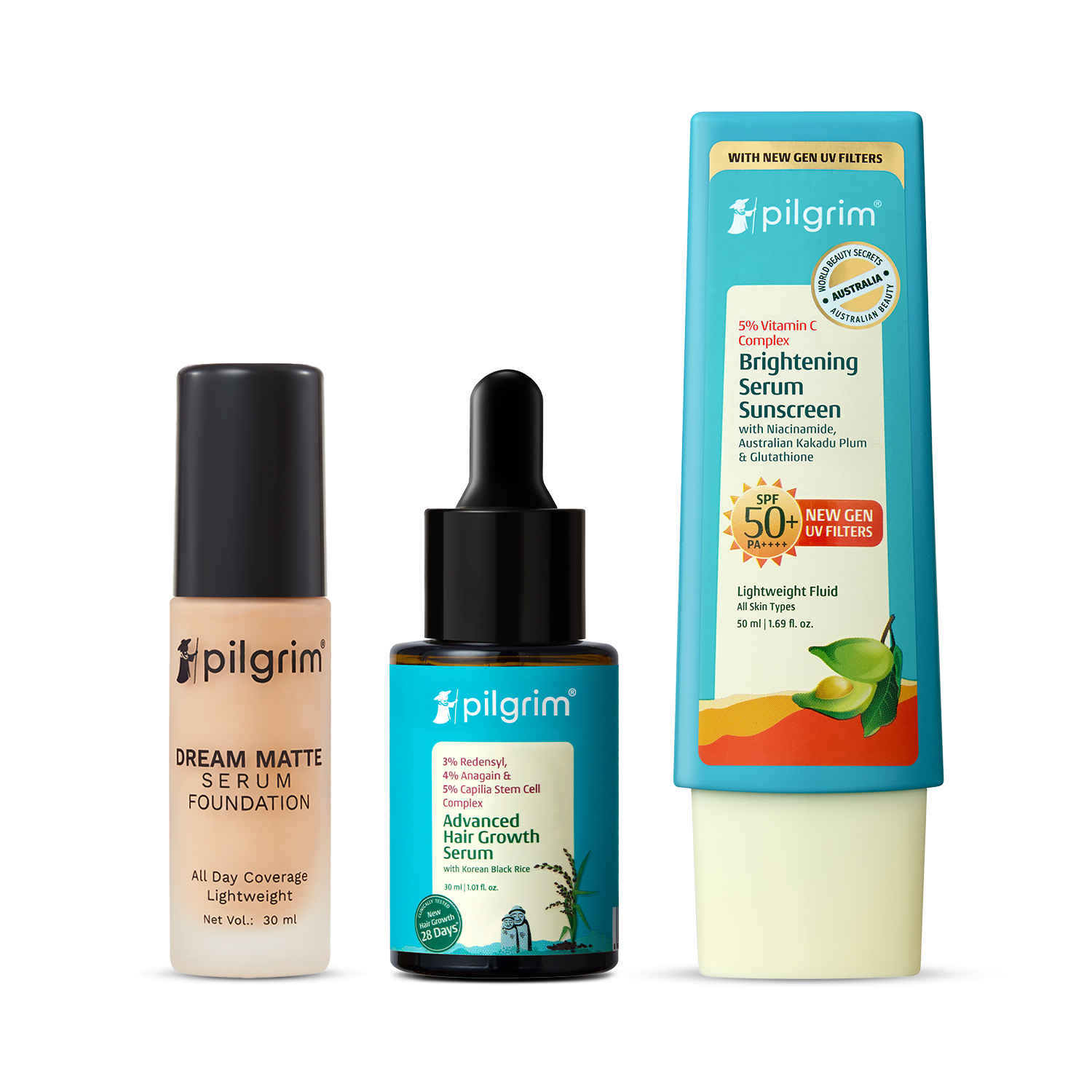 Buy Pilgrim Skin + Hair Essentials Serum Foundation, SPF 50+ PA++++ Sunscreen & Advance Hair Growth Trio (Combo of 3) - Purplle