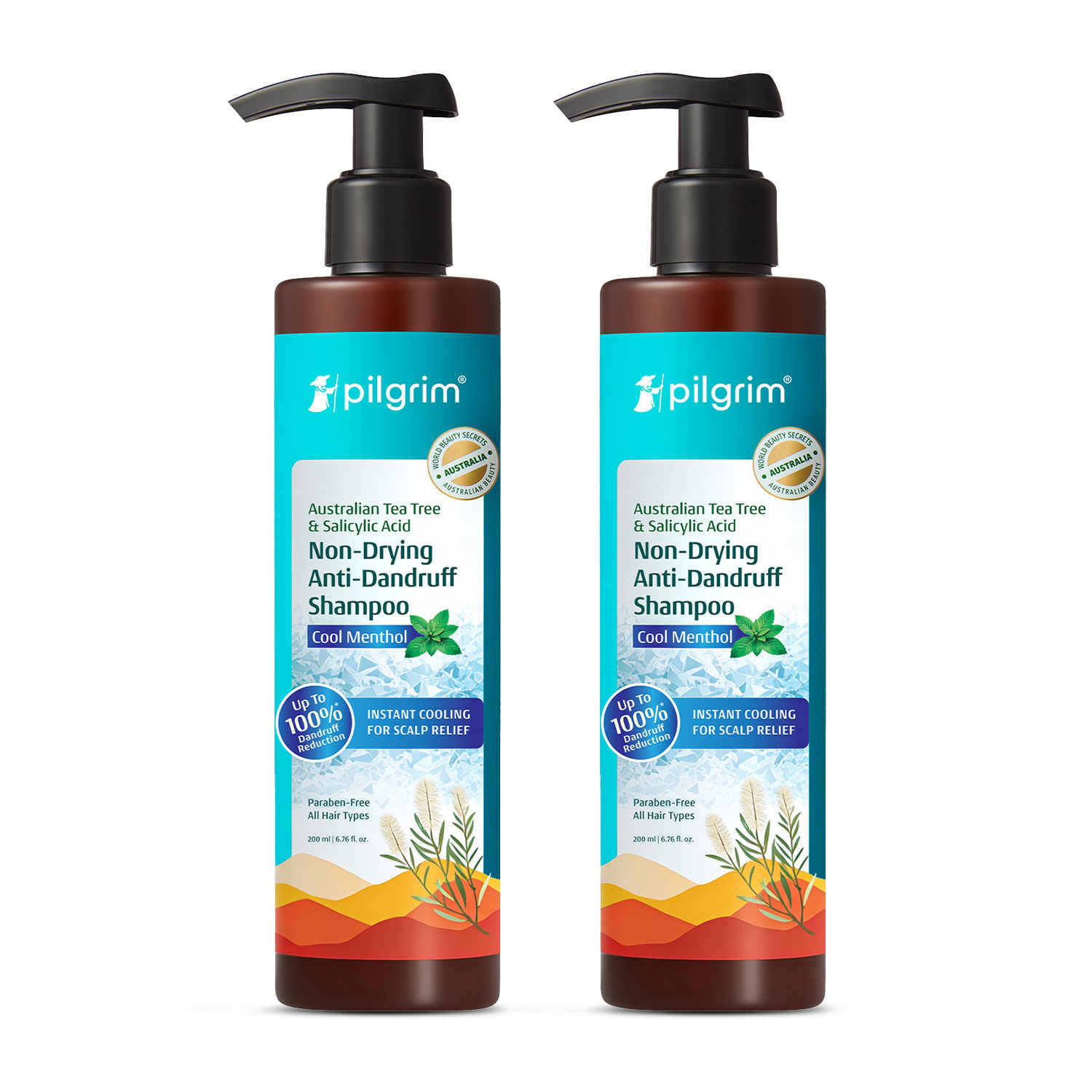 Buy Pilgrim Austrlian Tea Tree & Salicylic Non-Drying Cooling Menthol Anti-Dandruff Shampoo Pack of 2 - Purplle