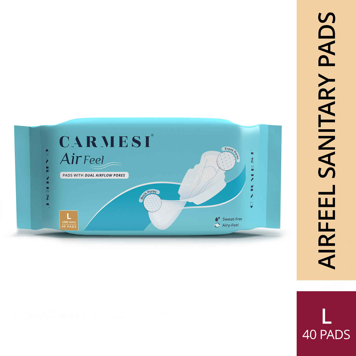 Buy Carmesi Air Feel Sanitary Pads With Dual Airflow Pores - 40 Large Pads | Keeps You Dry, Sweat-Free, Rash-Free & Comfortable | Soft, Lightweight & Ultra-Thin | Super-Absorbent Core | Non-Toxic - Purplle