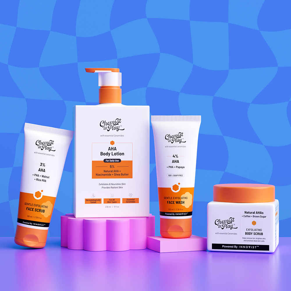 Buy Chemist at Play Gentle Exfoliation Combo | Coffee Body Scrub 75 gm+ Face Scrub 100 ml + Face Wash 100 ml + AHA Body Lotion 236 ml | Combo of 4 - Purplle