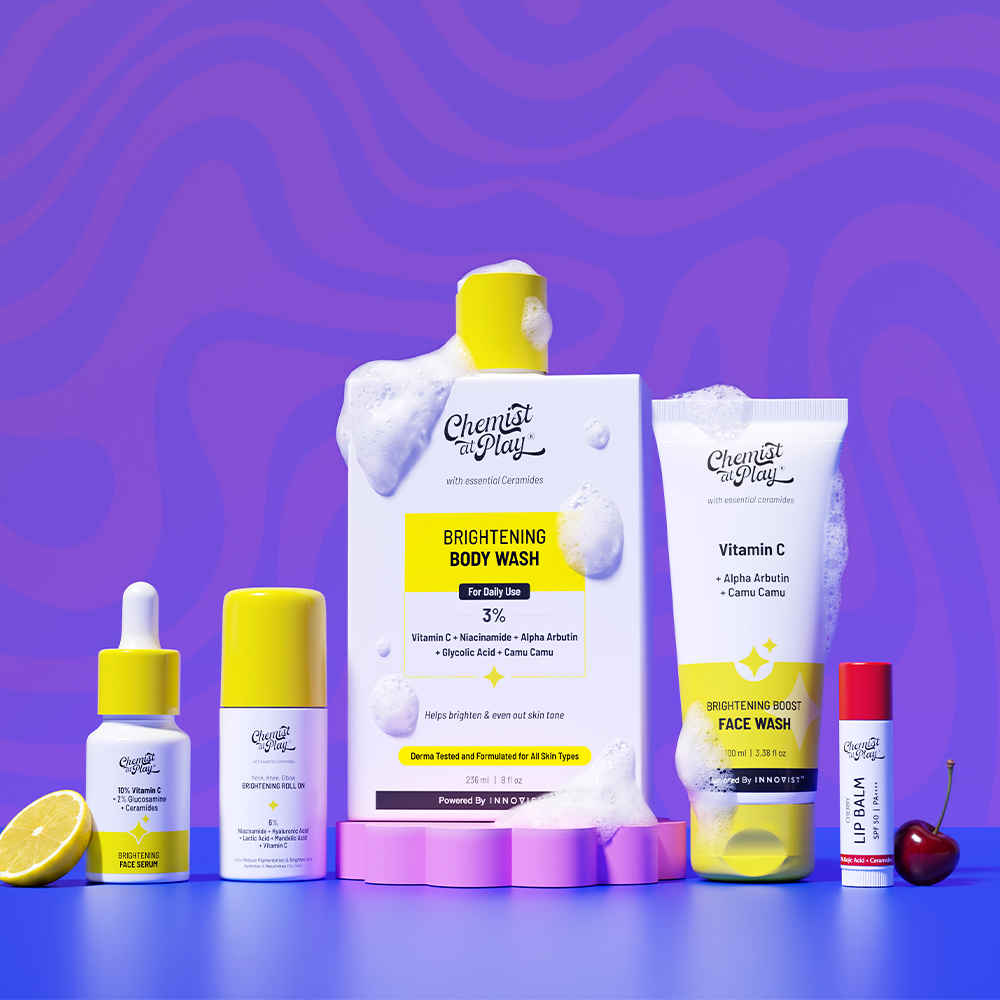 Buy Chemist at Play Complete Brightening Combo | Body Wash 236 ml + Vitamin C Face Wash 100 ml + Face Serum 10 ml + Brightening Roll-On 40 ml + Cherry Lip Balm 4.5 gm | Combo of 5 - Purplle