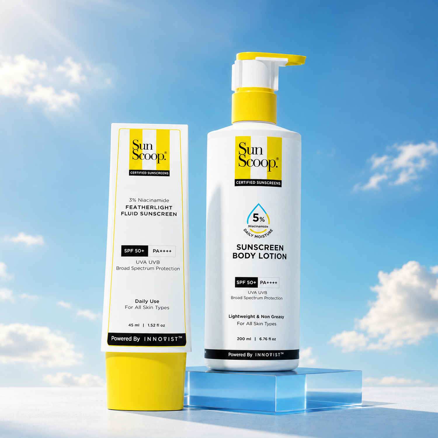 Buy SUNSCOOP Sun Protection Duo | 5% Niacinamide Sunscreen Body Lotion 200 ml + 3% Niacinamide Featherlight Fluid Sunscreen 45 ml Combo of 2 - Purplle