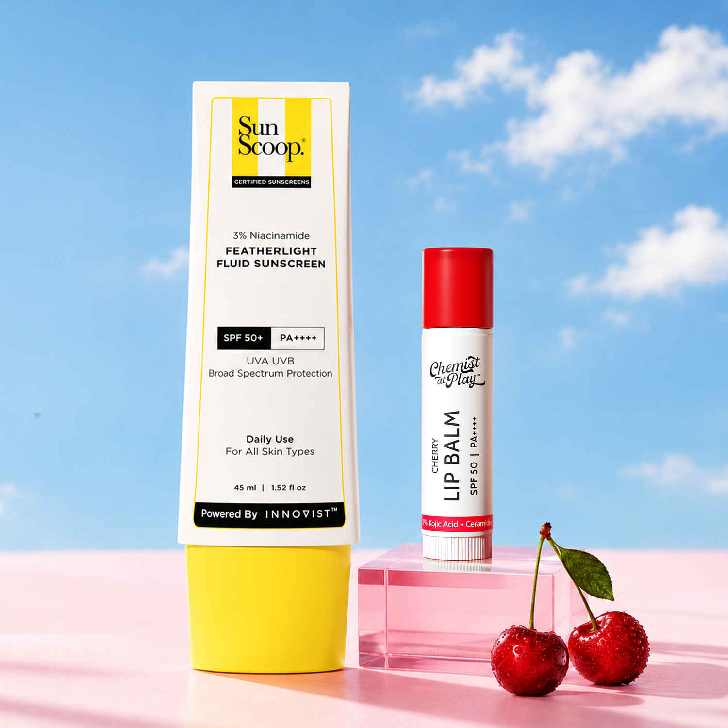 Buy SUNSCOOP Sun Protection Duo | 3% Niacinamide Sunscreen + Cherry Lip Balm 4.5 gm Combo of 2 - Purplle