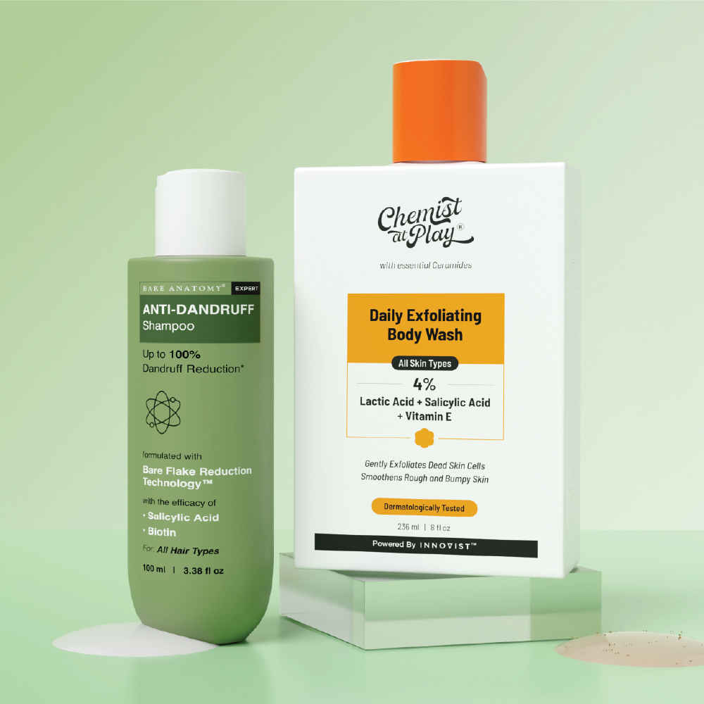 Buy Bare Anatomy Anti-Dandruff Shower Care Duo | Expert Anti-Dandruff Shampoo 100 ml + Exfoliating Body Wash 236 ml Combo of 2 - Purplle