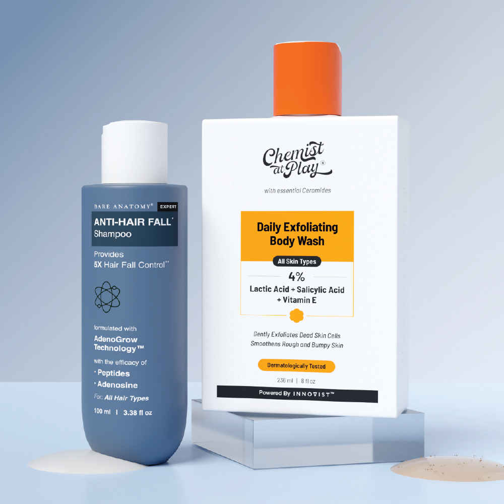 Buy Bare Anatomy Hair Fall Control Shower Duo | Anti-Hair Fall Shampoo 100 ml + Exfoliating Body Wash 236 ml Combo of 2 - Purplle