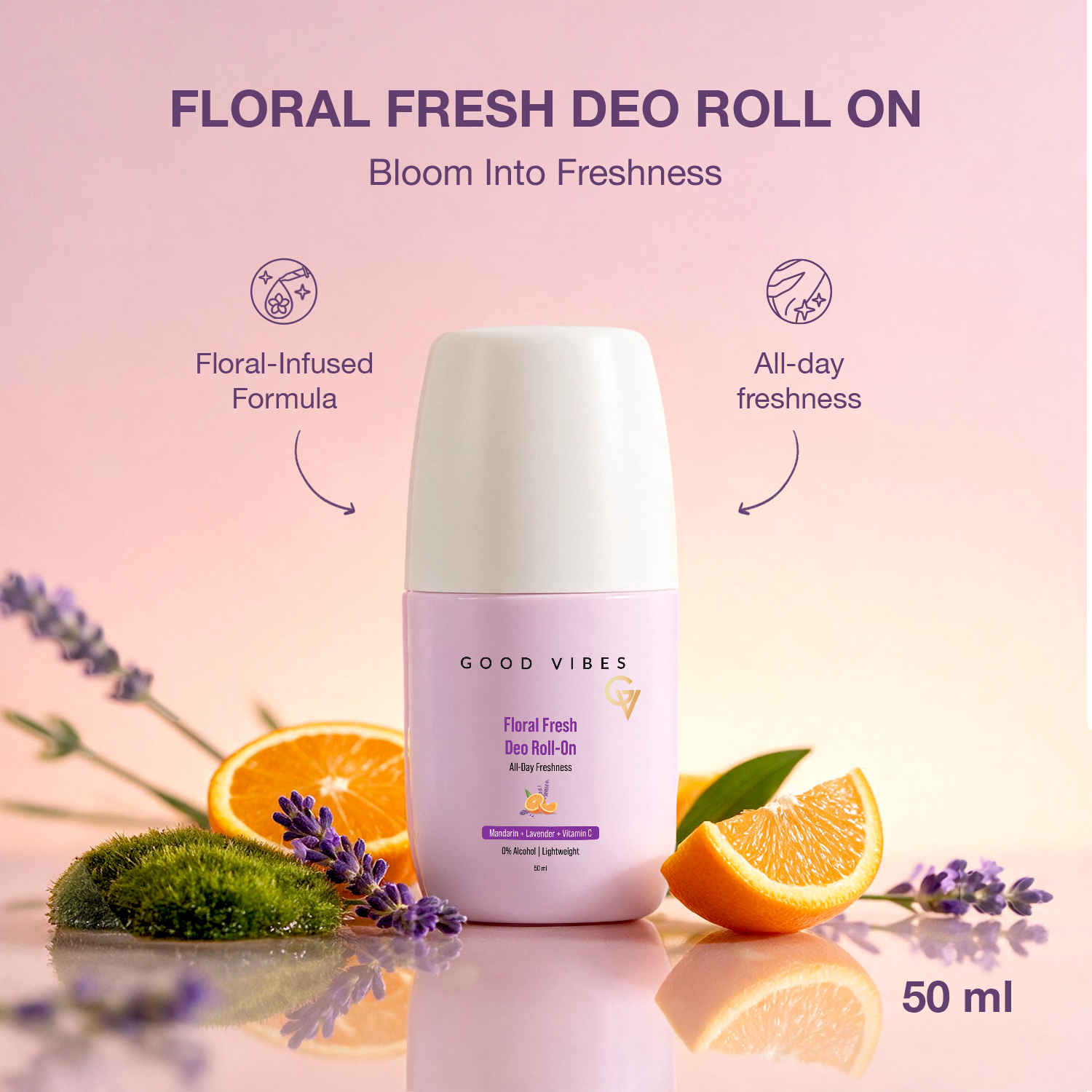 Buy Good Vibes Floral Fresh Deo Roll On | With Vitamin C, Lavender & Mandarin | Controls Underarm Odour | Quick-Drying & Non-Sticky | Provides Freshness & Brighter Underarms | 50 ml - Purplle