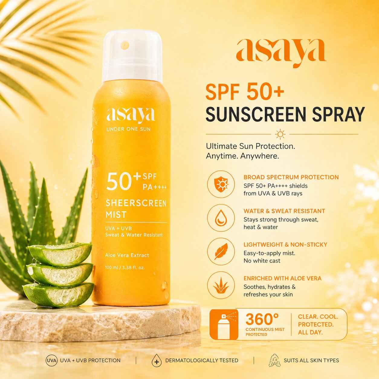 Buy Asaya SPF 50+ Waterproof Sunscreen Spray | Broad Spectrum UVA/B Protection | Blue Light Sunscreen Protection | Matte Finish | With Aloe Vera Extract for Hydration | For Men & Women | Oily & Dry Skin | Face & Body | 100 ml - Purplle