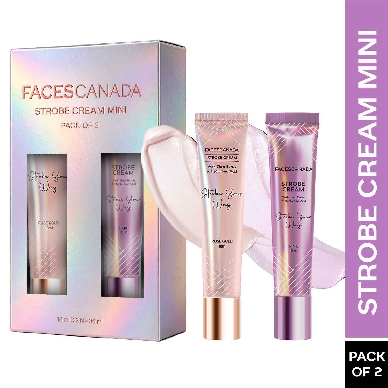 Buy FACES CANADA Strobe Cream Mini - Rose Gold + Pink (18 ml x 2) | Primer + Highlighter + Moisturizer | Shea Butter & Hyaluronic Acid | Intense Hydration | Flawless Radiant Dewy Skin | Illuminating & Glowing Makeup Base | Pack of 2 - Purplle