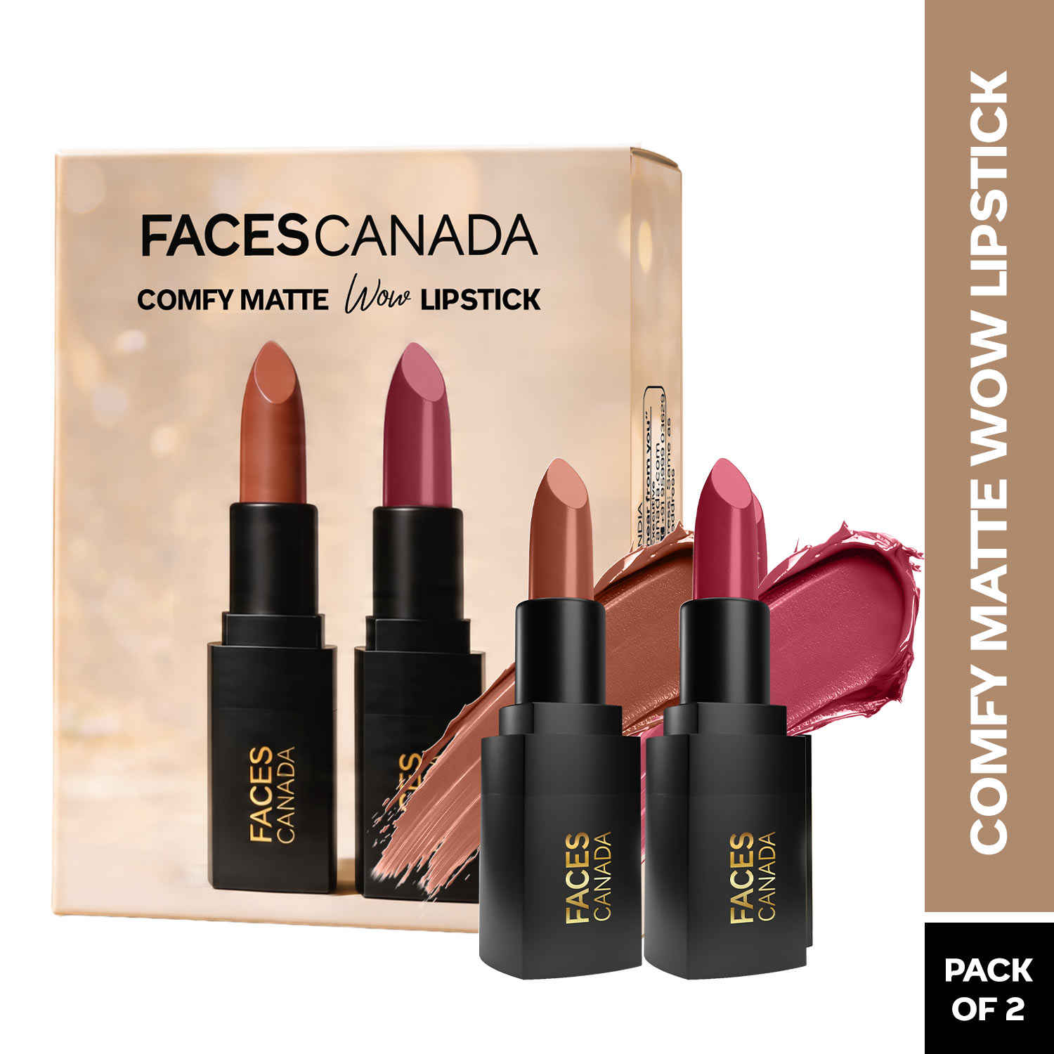Buy FACES CANADA Comfy Matte Wow Bullet Lipstick - Caramel Swirl (4.2 gm) + Berry Souffle (4.2 gm) | Smooth Matte Finish | Highly Pigmented | Long Lasting | Glides Effortlessly | One Swipe Application | Non Drying | Pack of 2 - Purplle