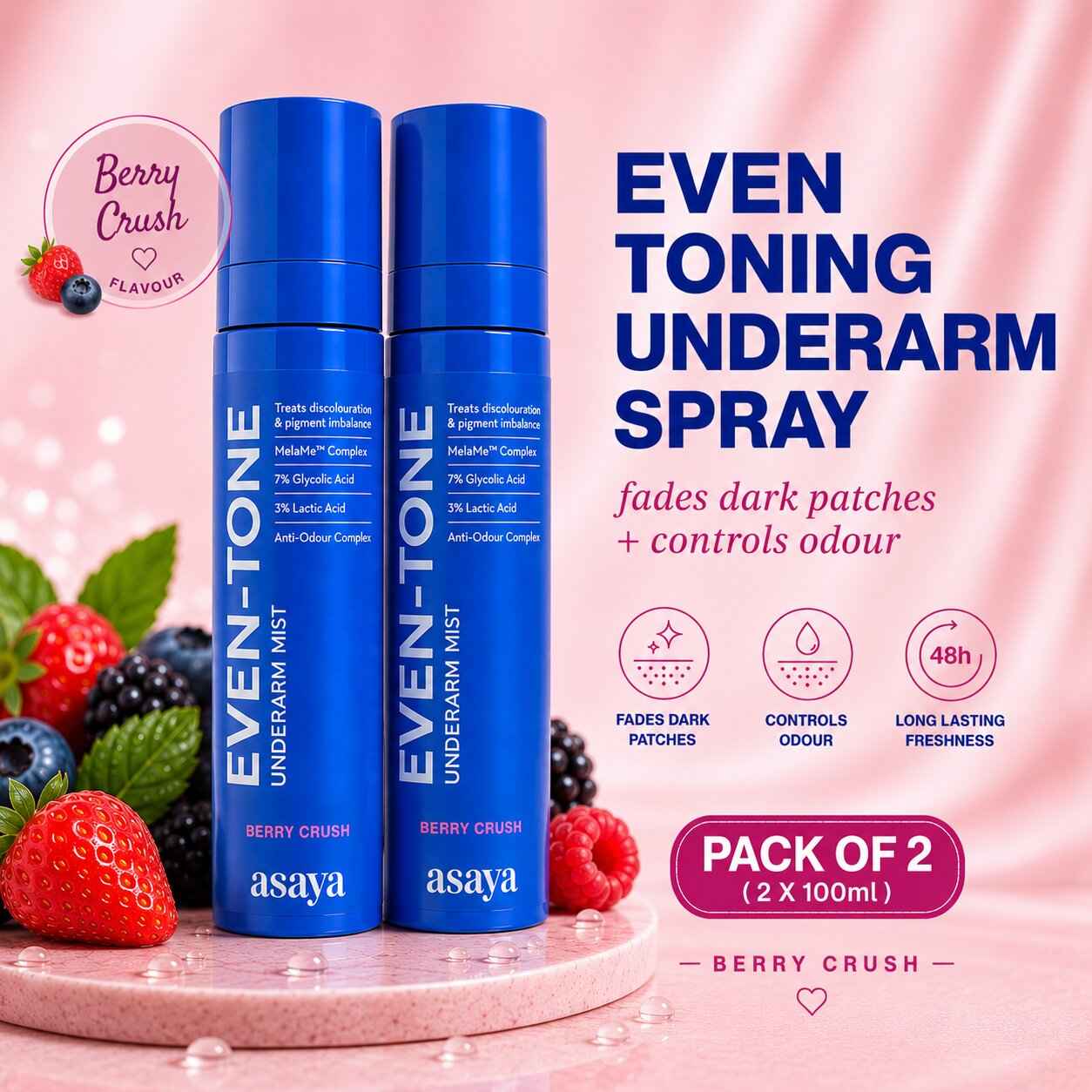 Buy Asaya Even Tone Underarm Mist Spray for Underarm Pigmentation Removal & Odour Control | Berry Crush | 100 ml | Pack of 2 - Purplle